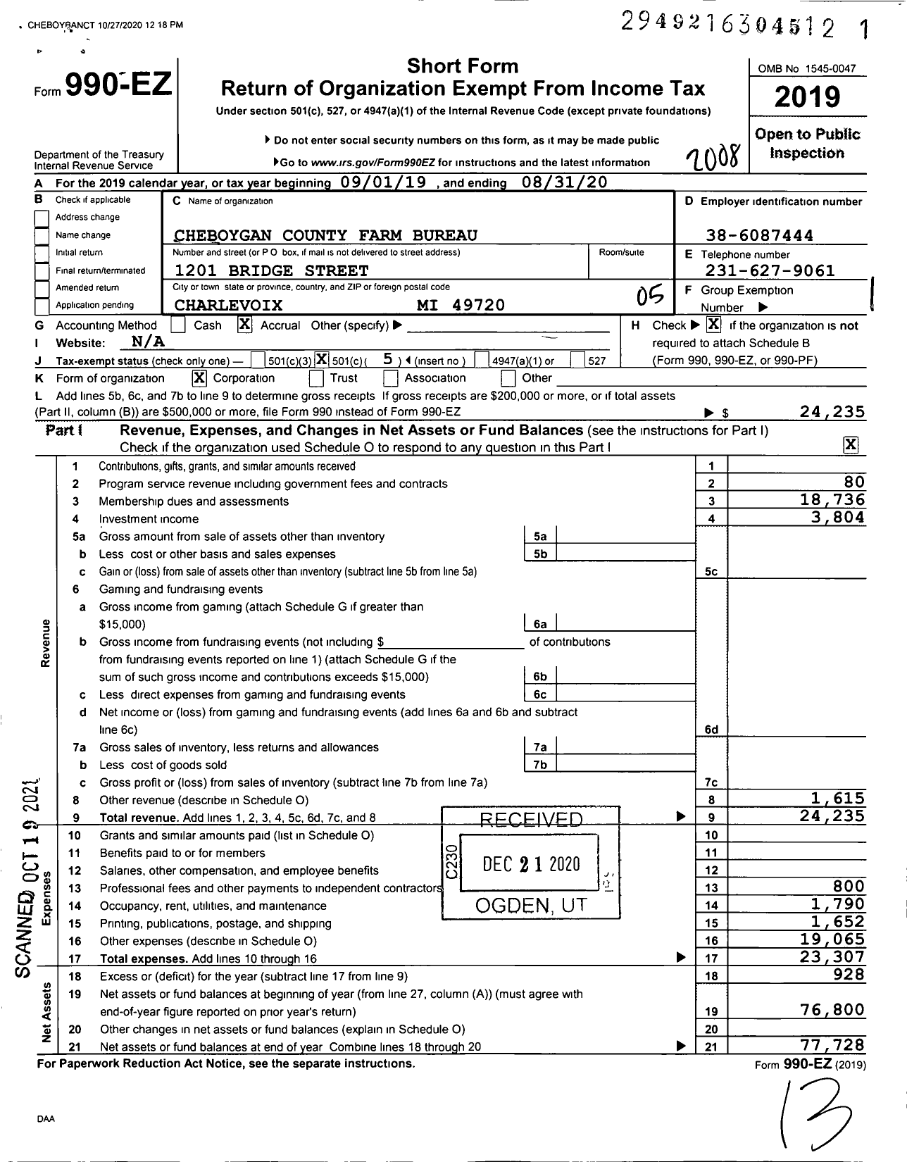 Image of first page of 2019 Form 990EO for Cheboygan County Farm Bureau