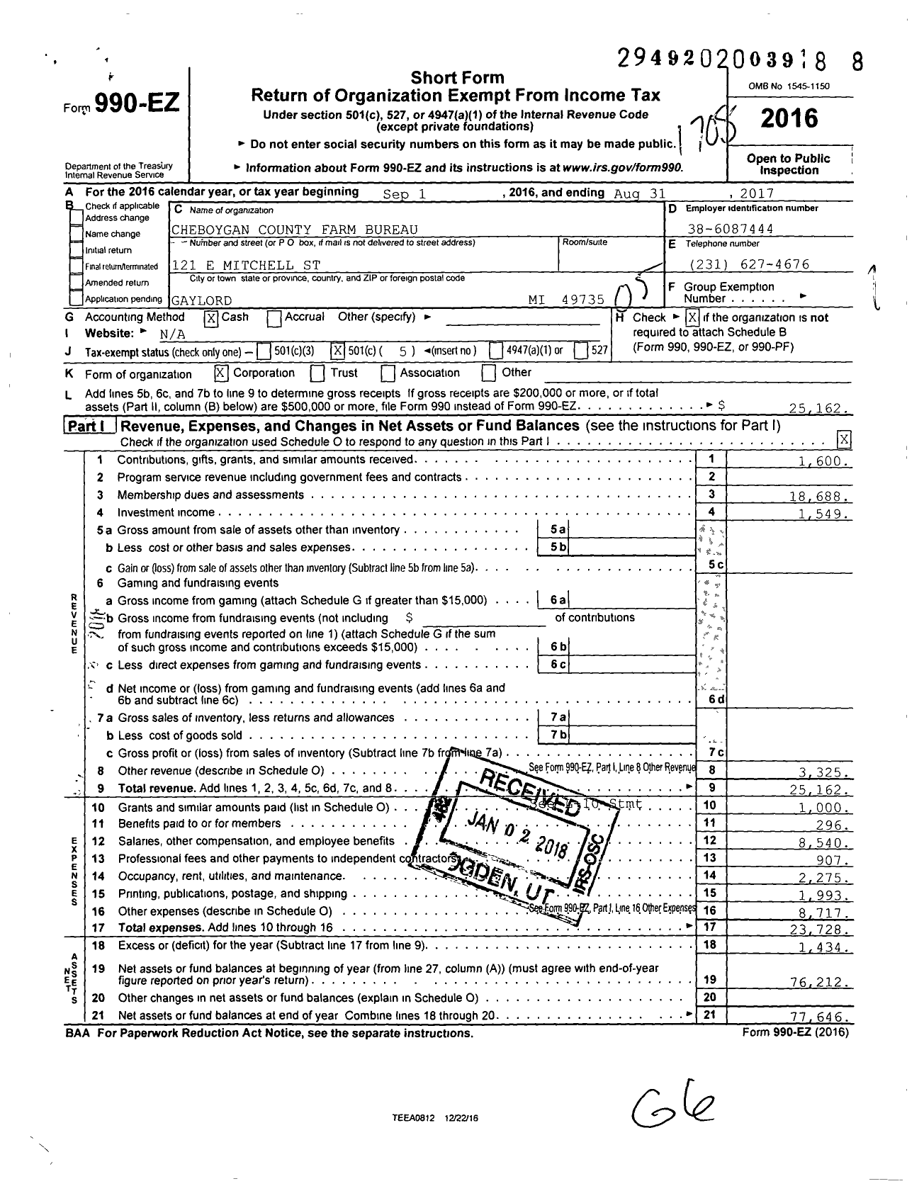 Image of first page of 2016 Form 990EO for Cheboygan County Farm Bureau