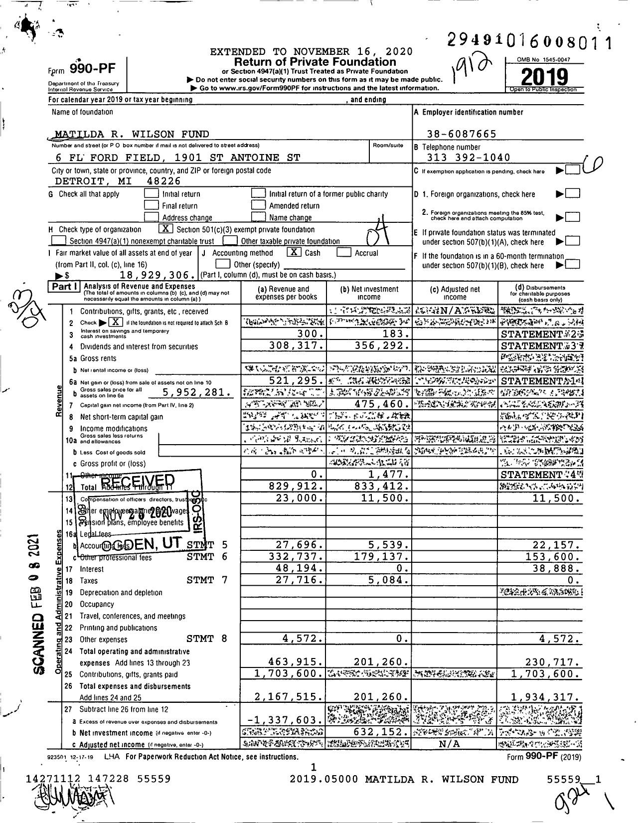 Image of first page of 2019 Form 990PF for Matilda R Wilson Fund