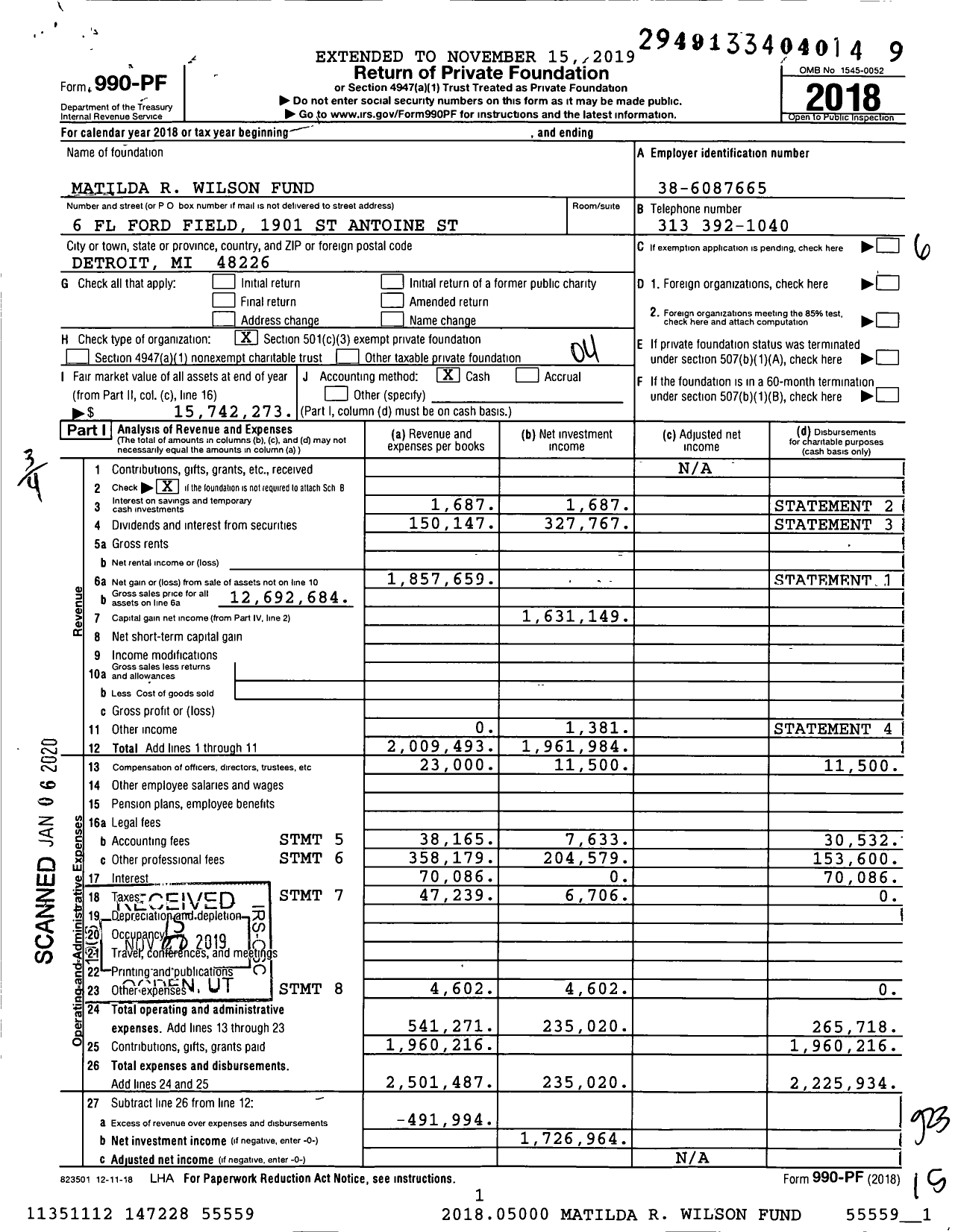 Image of first page of 2018 Form 990PF for Matilda R Wilson Fund