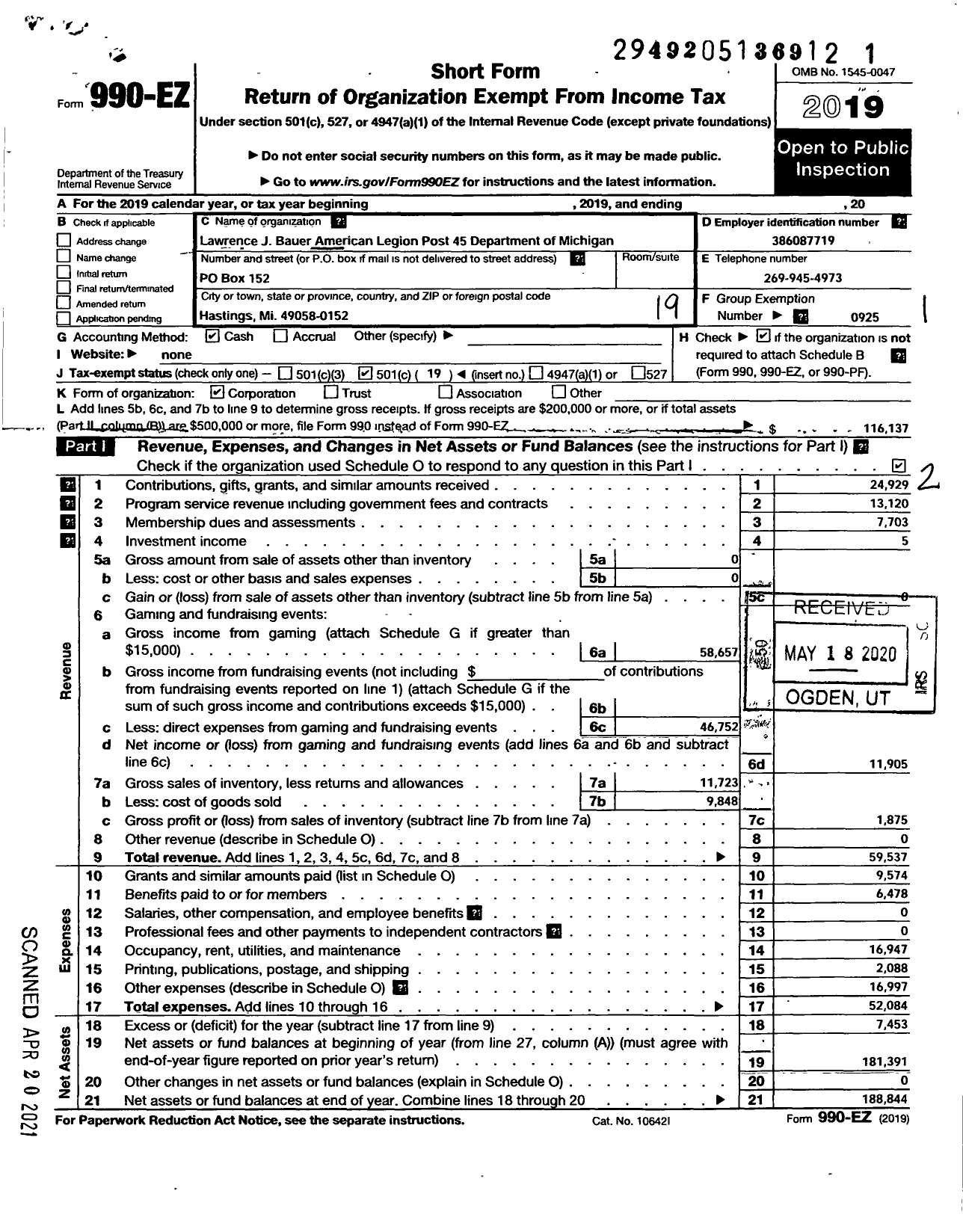 Image of first page of 2019 Form 990EO for American LEGION - 45 Post Lawrence J Bauer