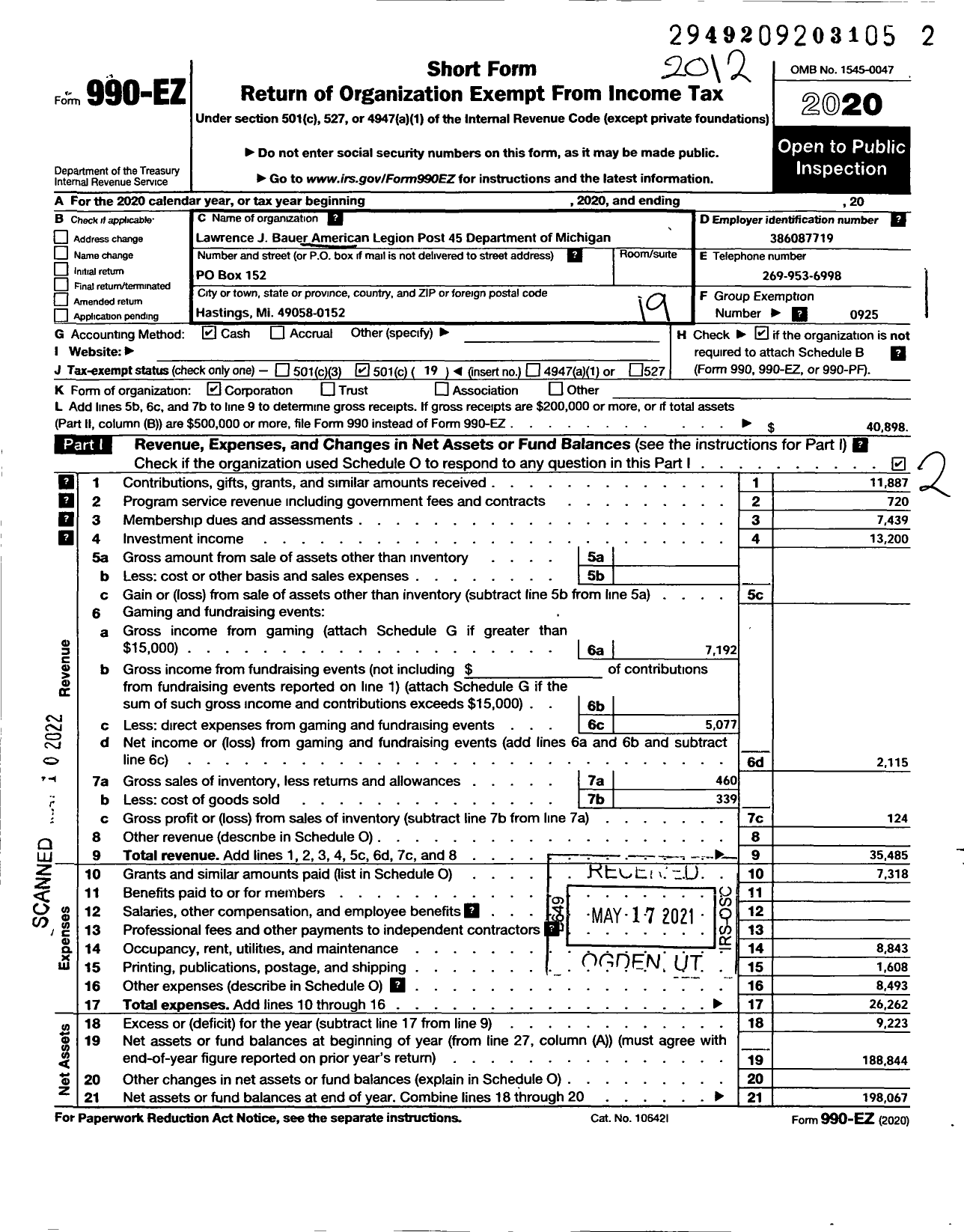 Image of first page of 2020 Form 990EO for AMERICAN LEGION - 45 Post Lawrence J Bauer