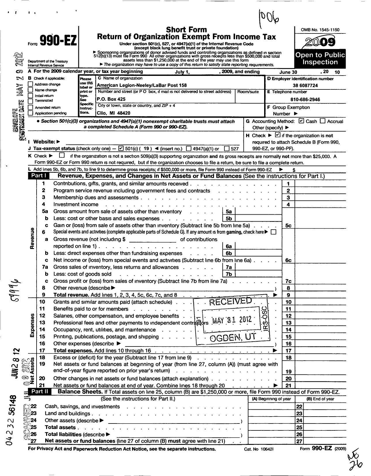 Image of first page of 2009 Form 990EO for American Legion