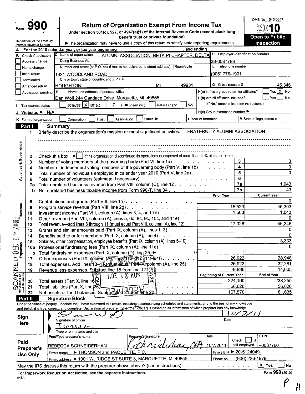 Image of first page of 2010 Form 990O for Alumni Association Beta Pi Chapter Delta Sigma Phi