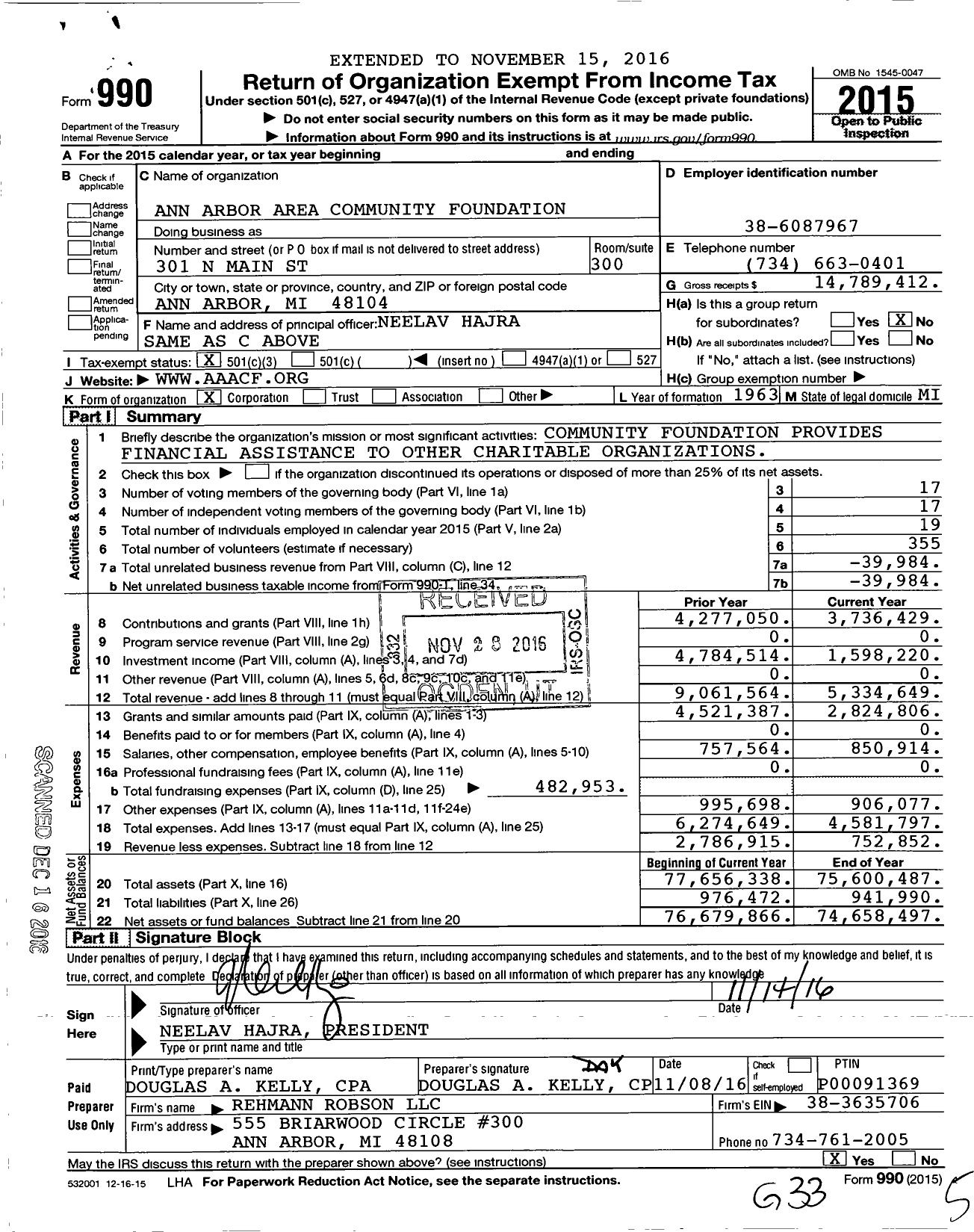 Image of first page of 2015 Form 990 for Ann Arbor Area Community Foundation