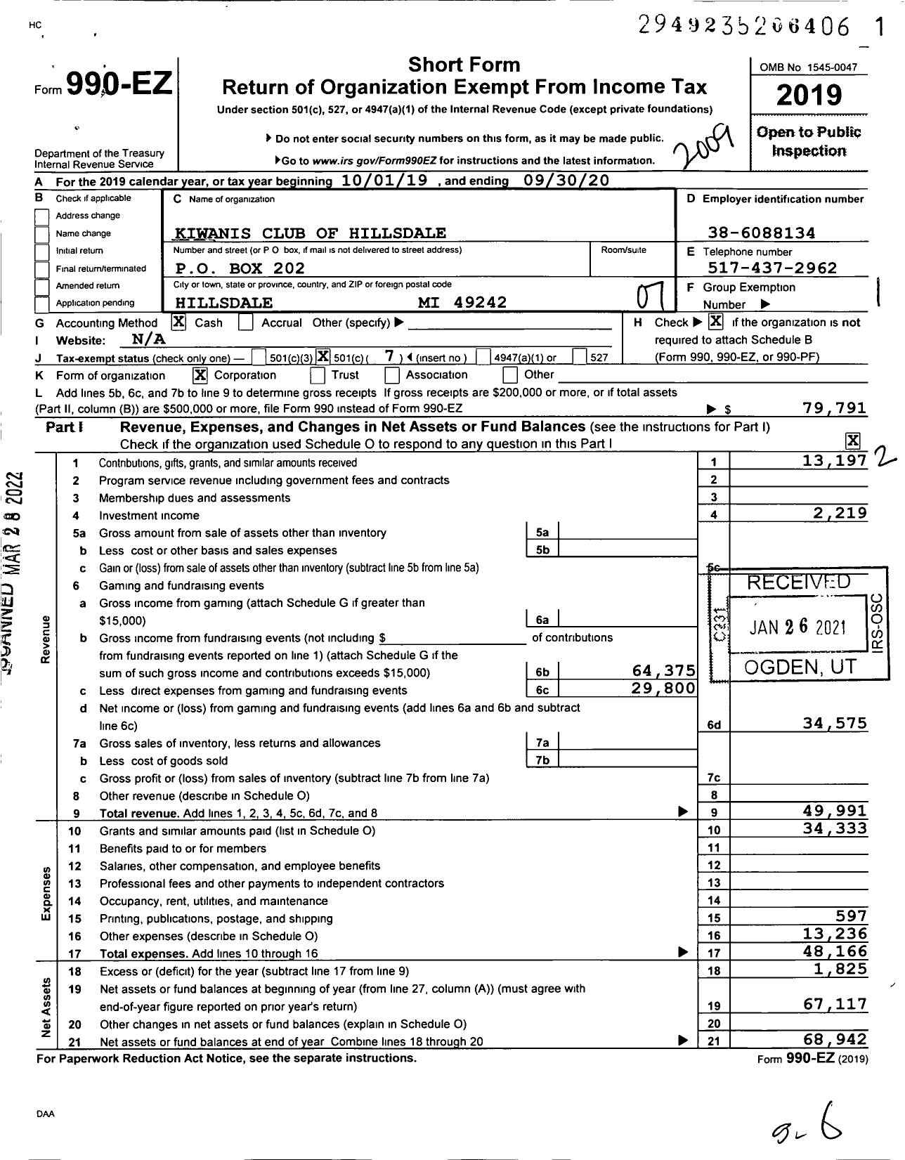 Image of first page of 2019 Form 990EO for Kiwanis International - K01276 Hillsdale