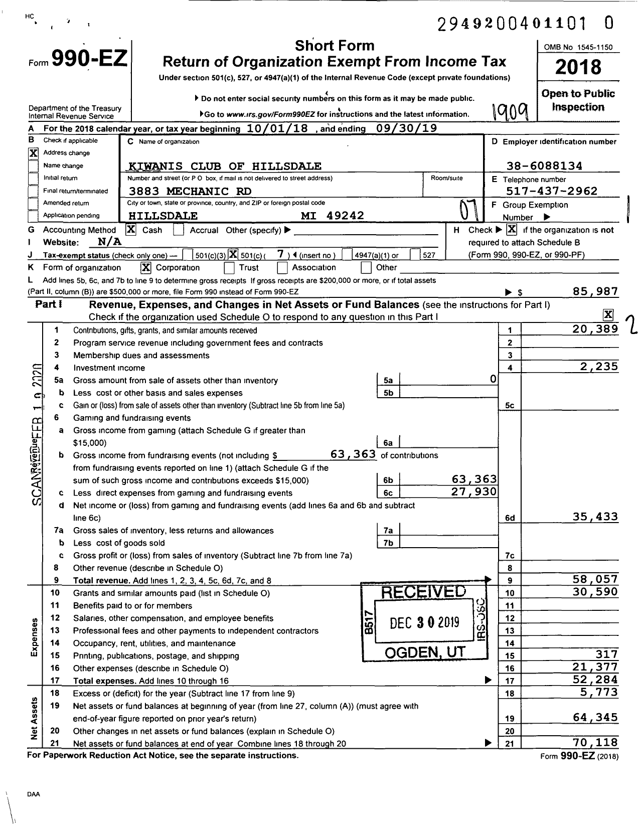 Image of first page of 2018 Form 990EO for Kiwanis International - K01276 Hillsdale