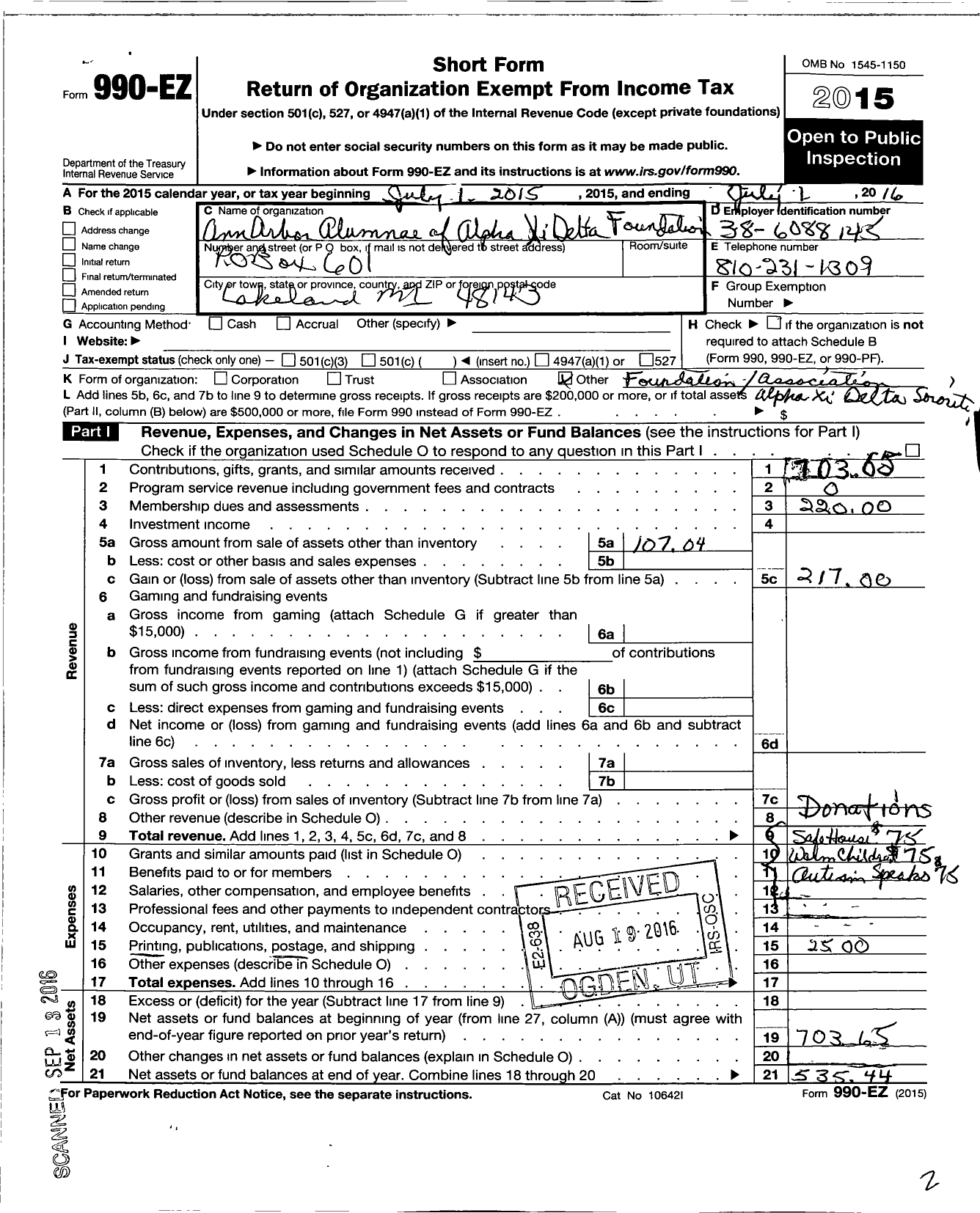 Image of first page of 2015 Form 990EO for Alpha Xi Delta Fraternity