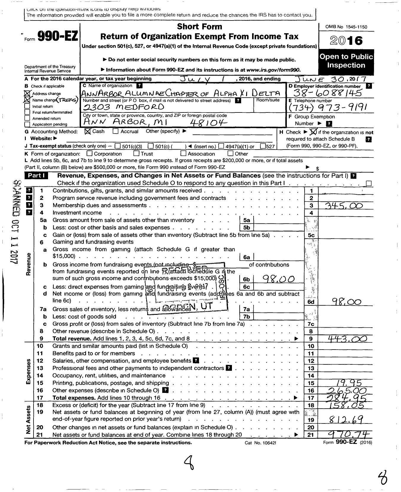 Image of first page of 2016 Form 990EO for Alpha Xi Delta Fraternity