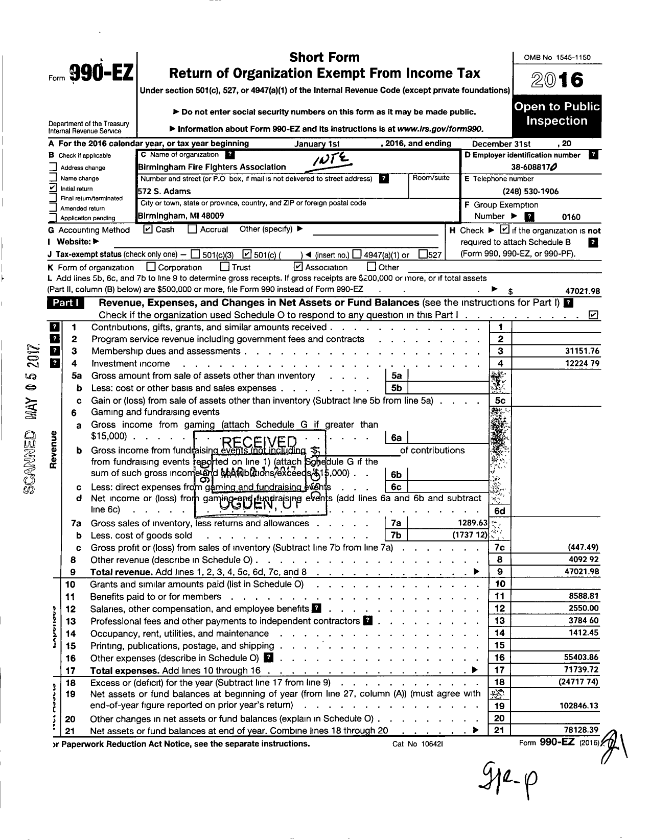 Image of first page of 2016 Form 990EO for INTERNATIONAL ASSOCIATION OF FIRE FIGHTERS - L0911 Birmingham