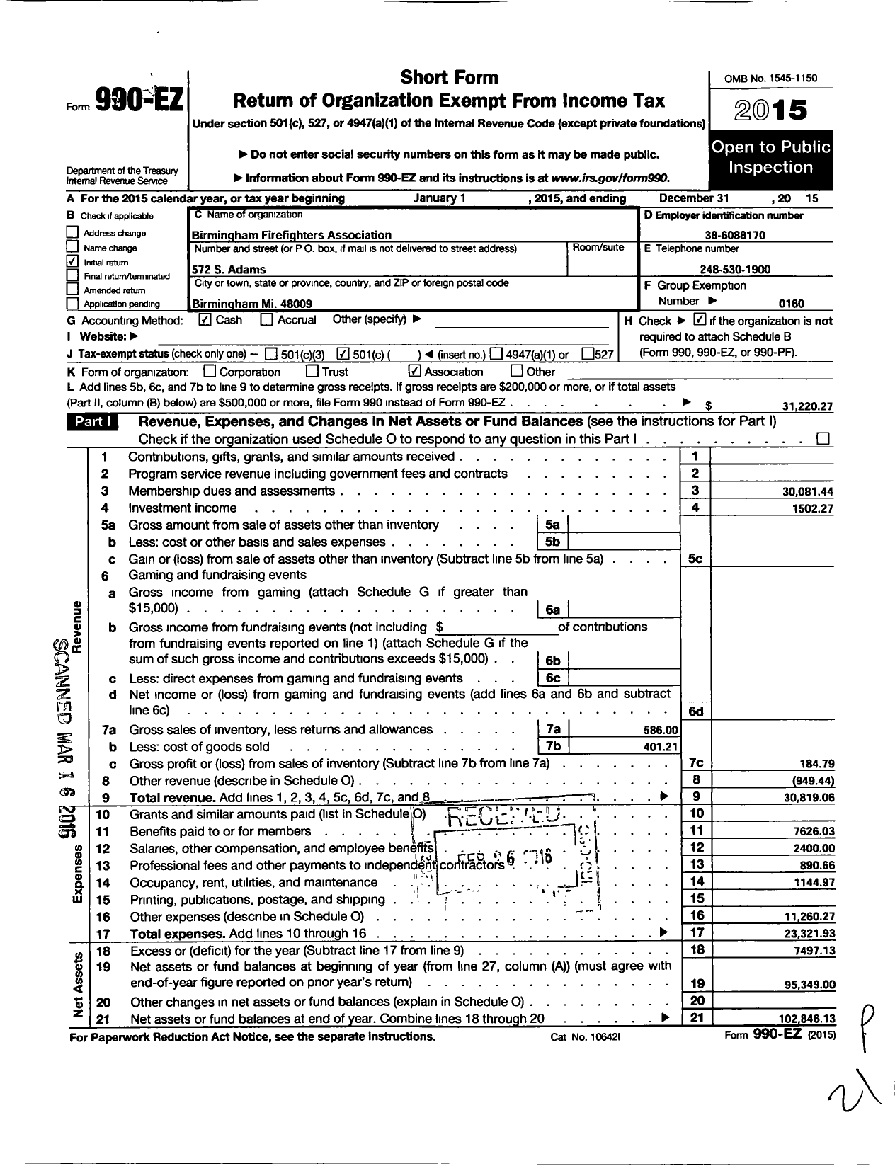 Image of first page of 2015 Form 990EO for INTERNATIONAL ASSOCIATION OF FIRE FIGHTERS - L0911 Birmingham