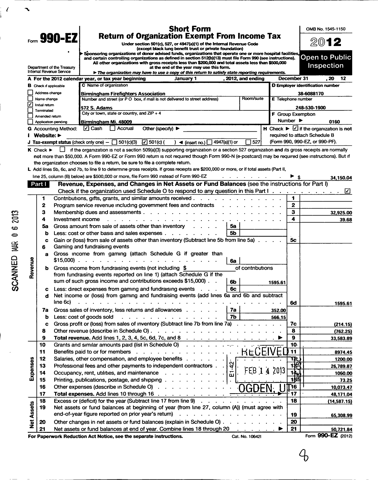 Image of first page of 2012 Form 990EO for INTERNATIONAL ASSOCIATION OF FIRE FIGHTERS - L0911 Birmingham