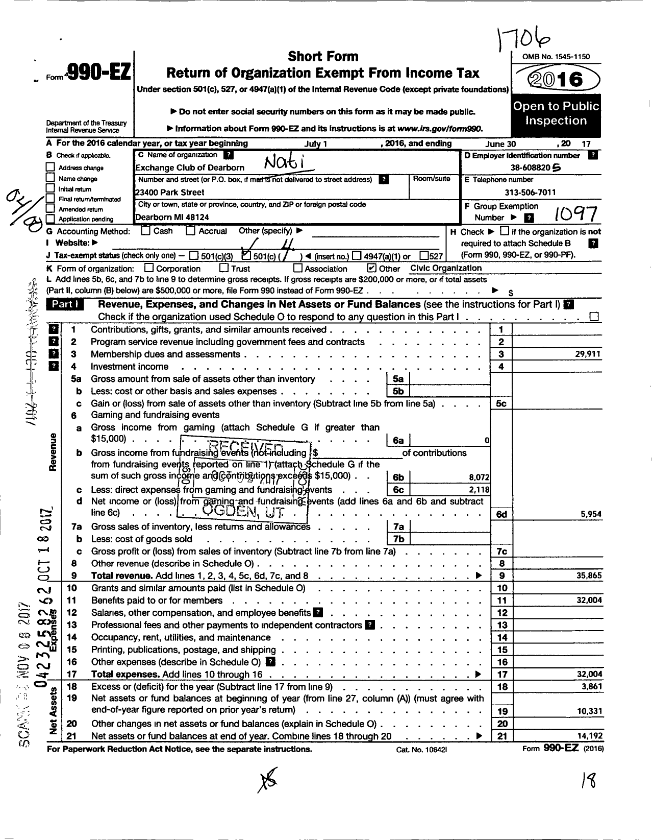 Image of first page of 2016 Form 990EO for National Exchange Club - 1613 Exchange