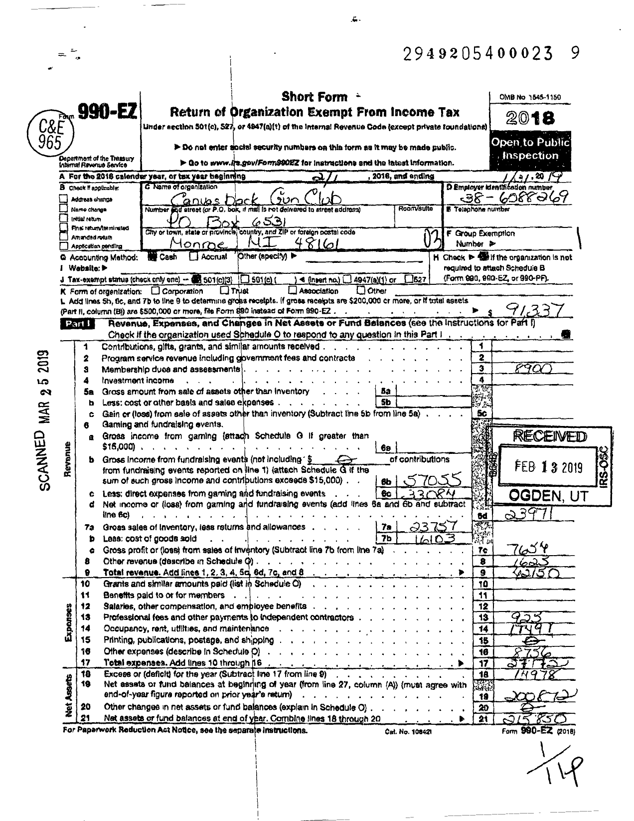 Image of first page of 2018 Form 990EZ for Canvasback Gun Club