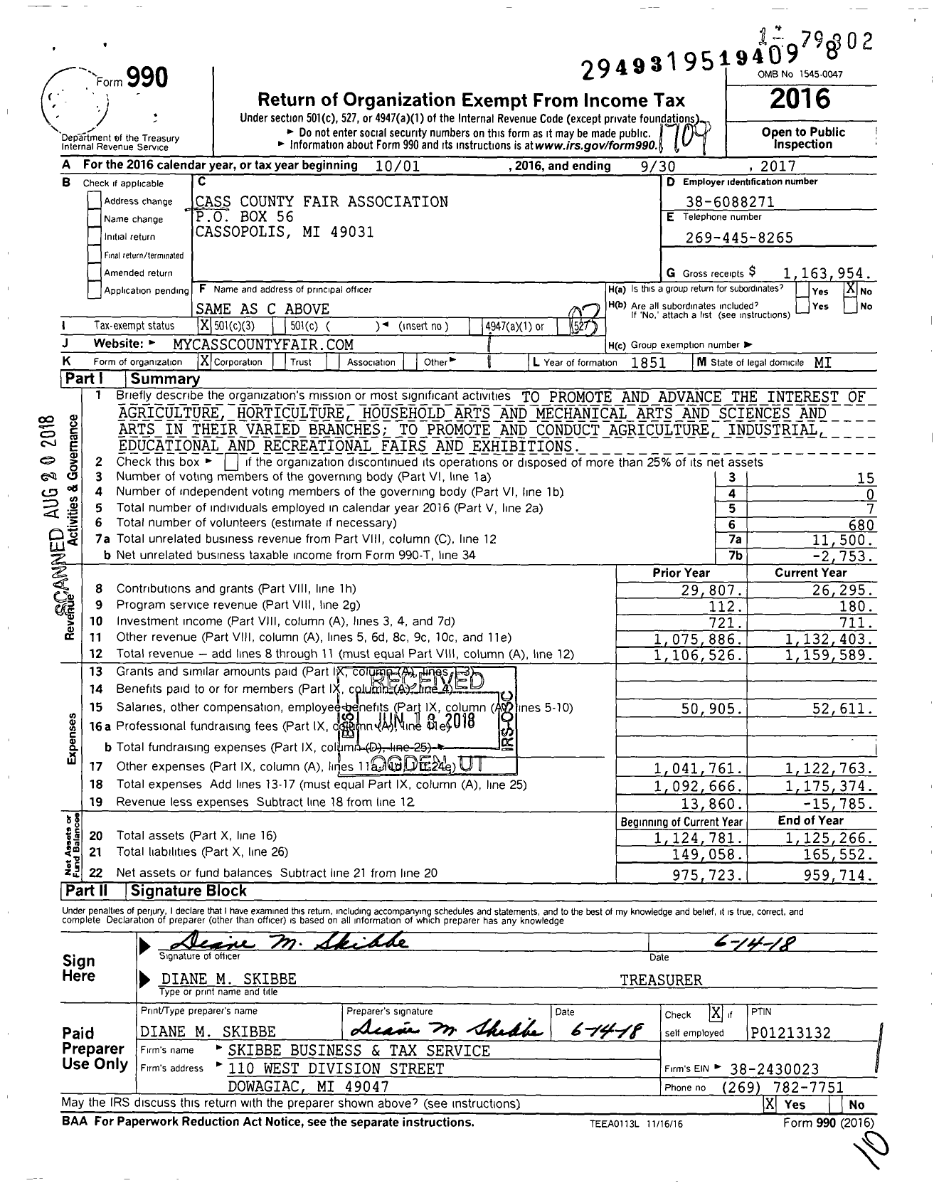 Image of first page of 2016 Form 990 for Cass County Fair Association