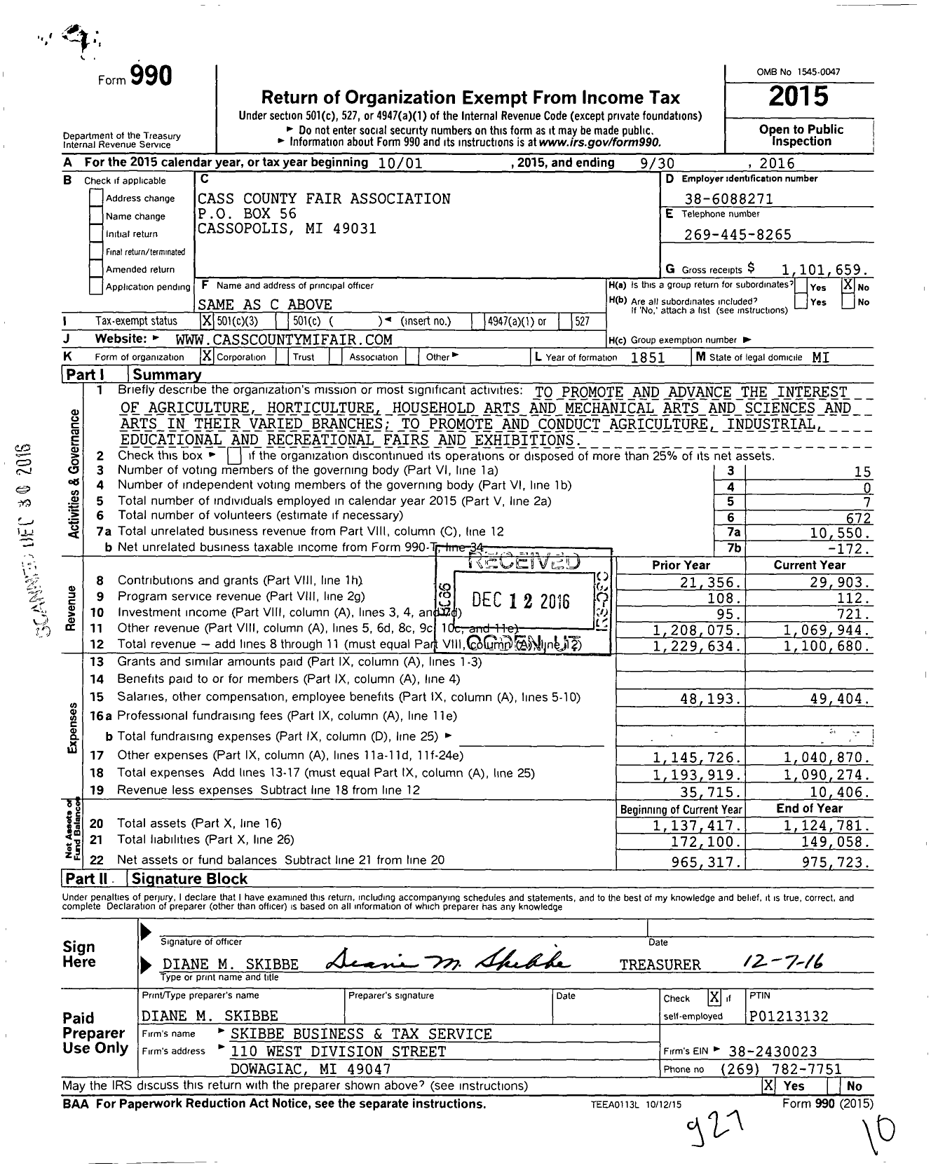 Image of first page of 2015 Form 990 for Cass County Fair Association