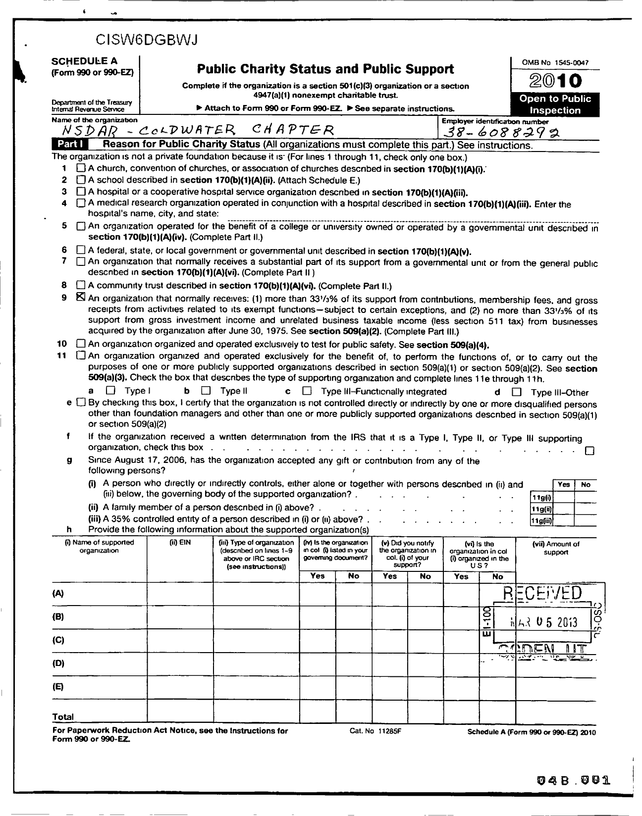 Image of first page of 2010 Form 990ER for Daughters of the American Revolution - Coldwater Dar