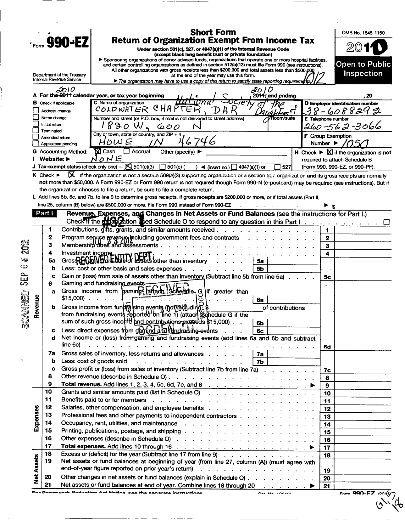 Image of first page of 2010 Form 990EZ for Daughters of the American Revolution - Coldwater Dar