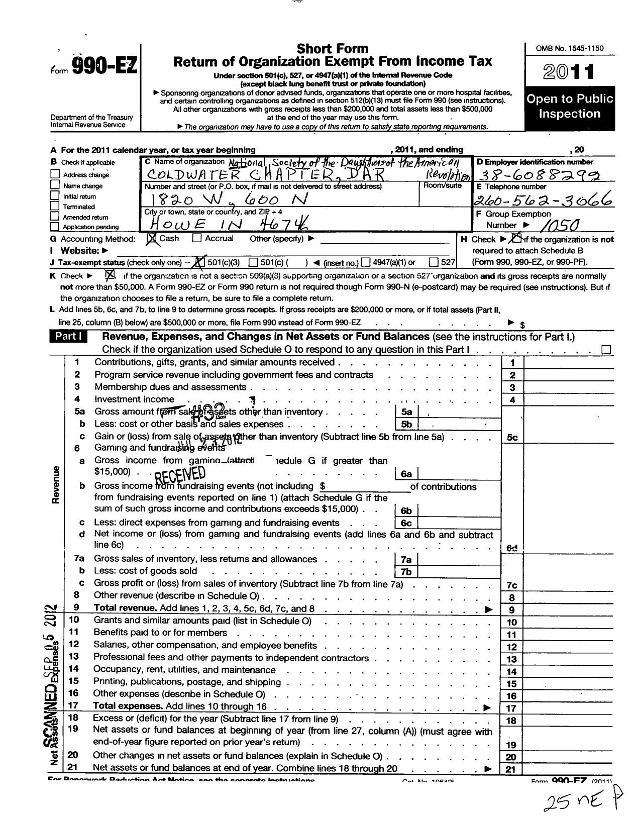 Image of first page of 2011 Form 990EZ for Daughters of the American Revolution - Coldwater Dar