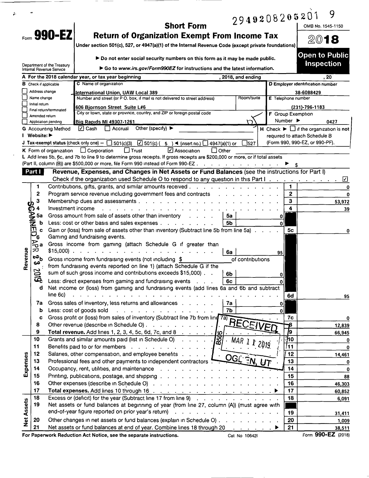 Image of first page of 2018 Form 990EO for Uaw - International Union Uaw Local 389