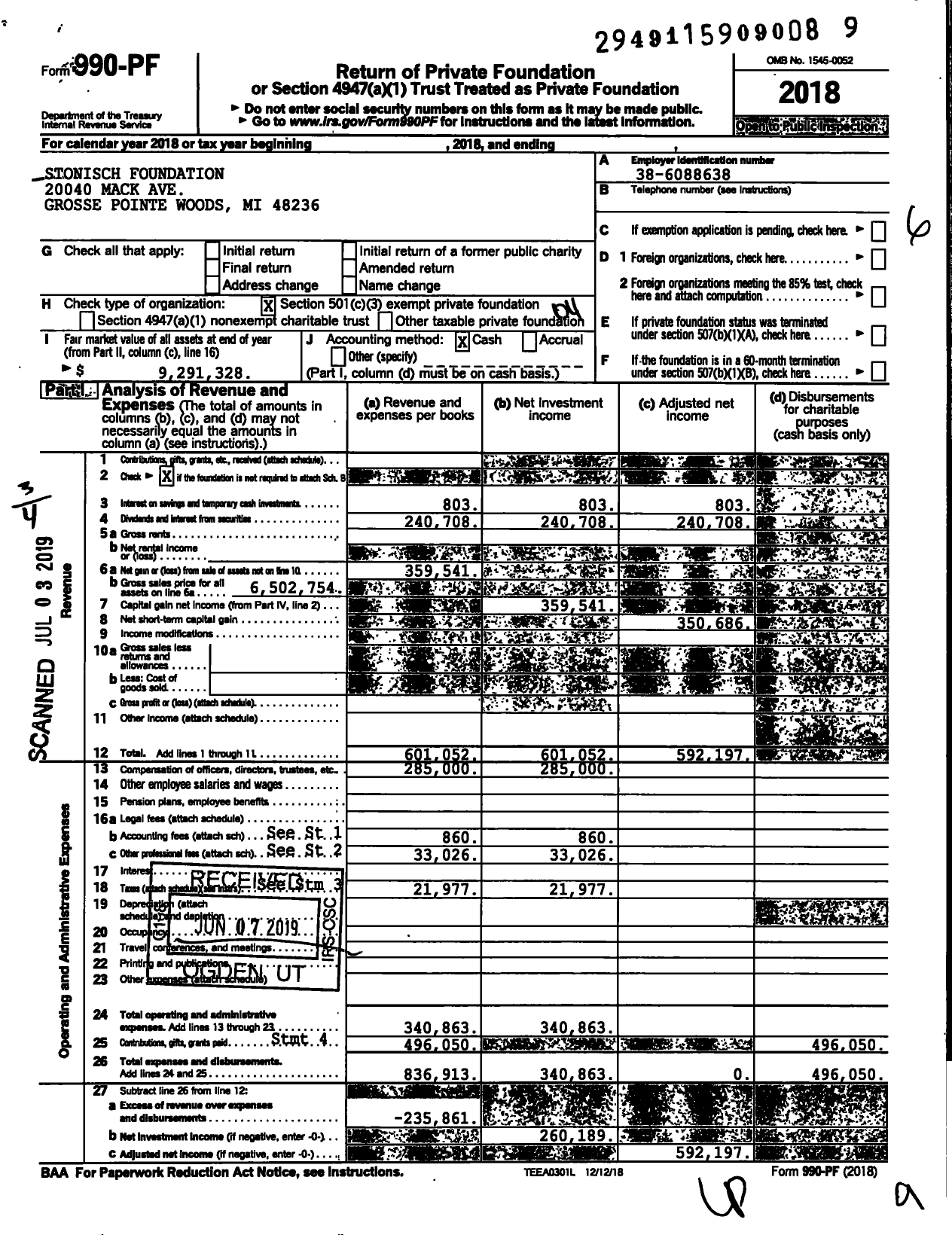 Image of first page of 2018 Form 990PF for Stonisch Foundation