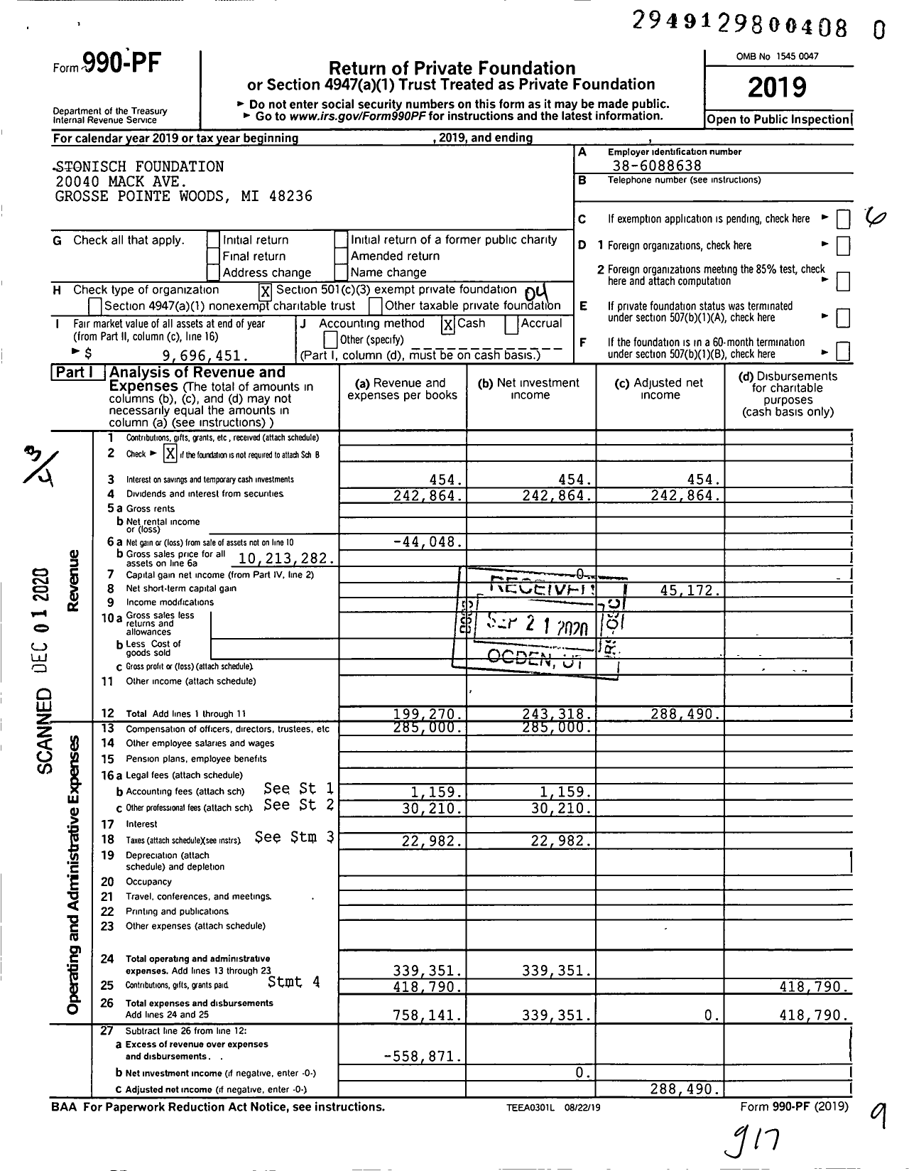 Image of first page of 2019 Form 990PF for Stonisch Foundation