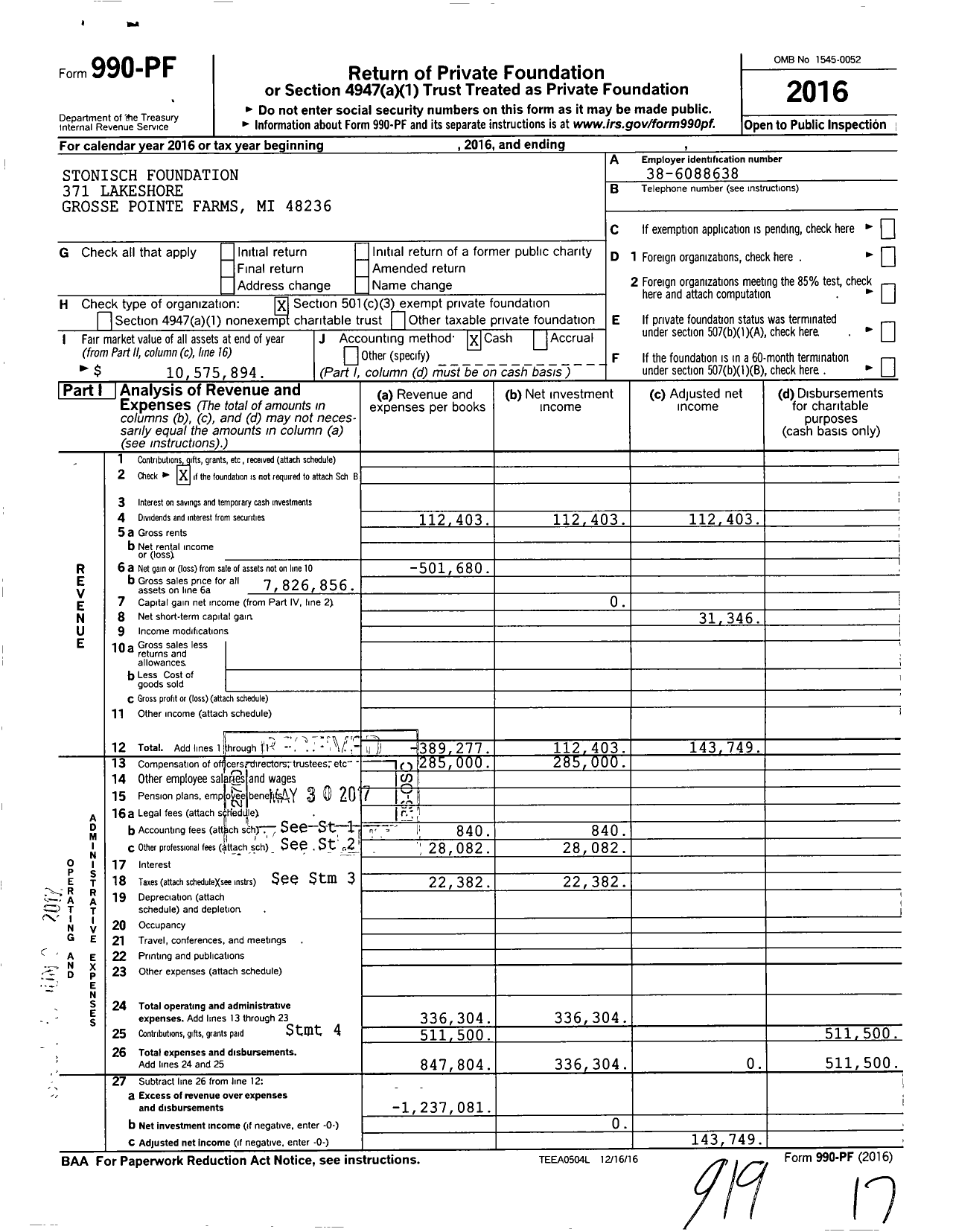 Image of first page of 2016 Form 990PF for Stonisch Foundation