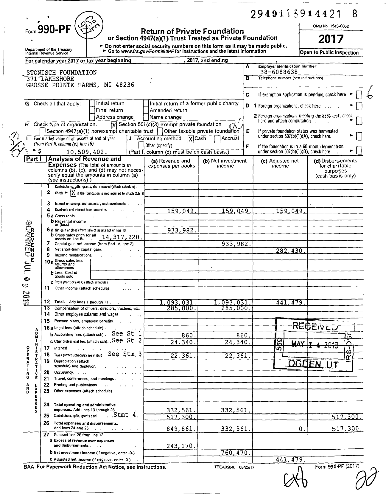 Image of first page of 2017 Form 990PF for Stonisch Foundation