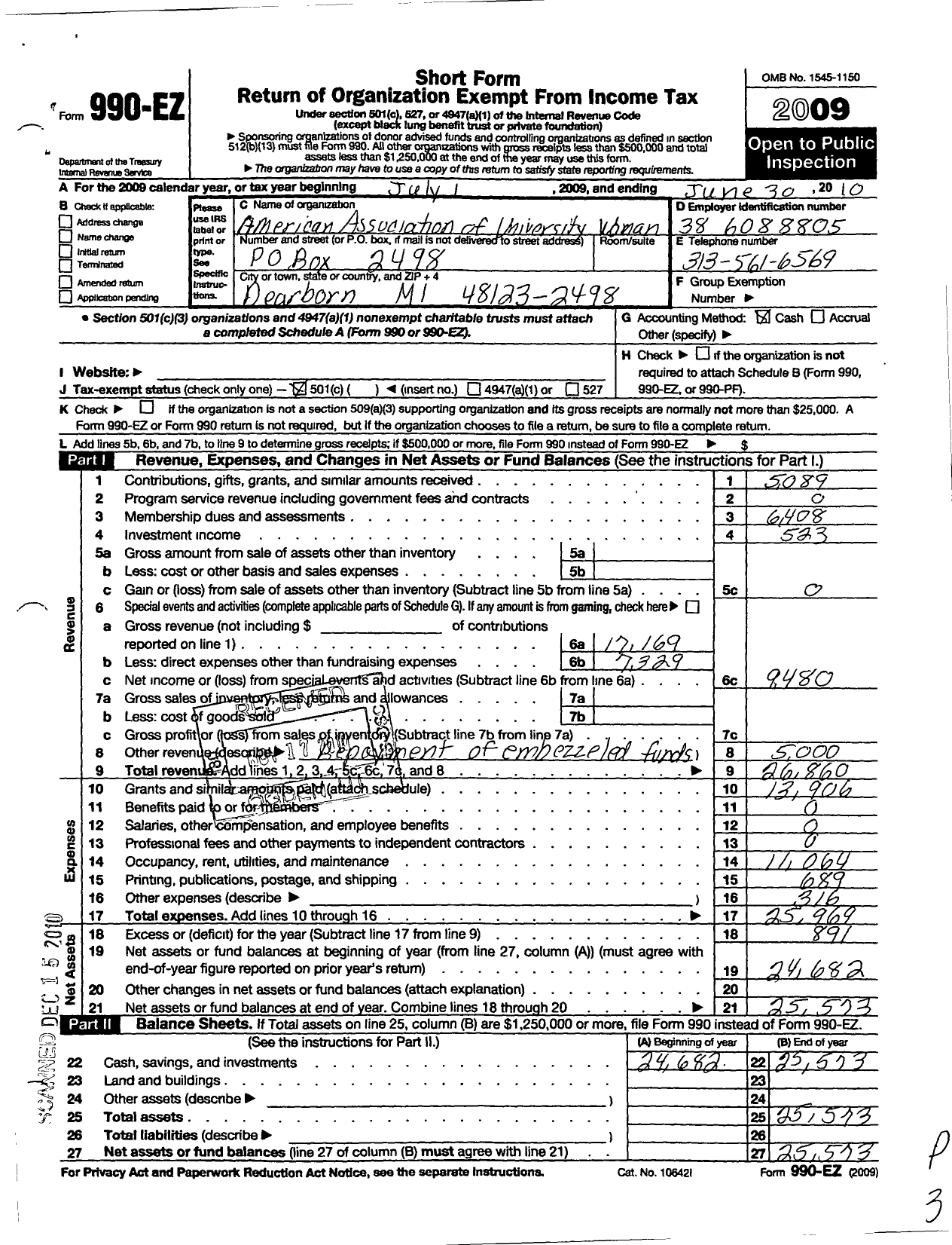 Image of first page of 2009 Form 990EO for American Association of University Women / Dearborn