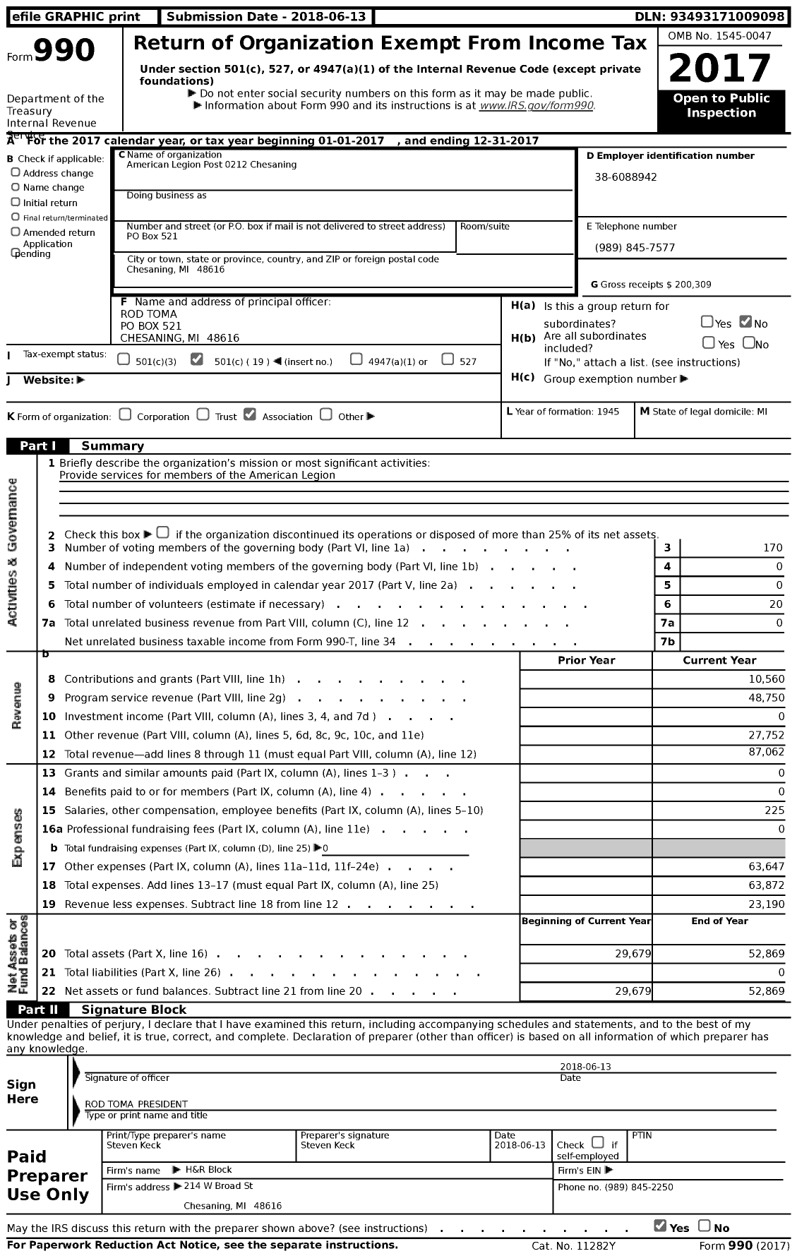 Image of first page of 2017 Form 990 for American Legion Post 0212 Chesaning