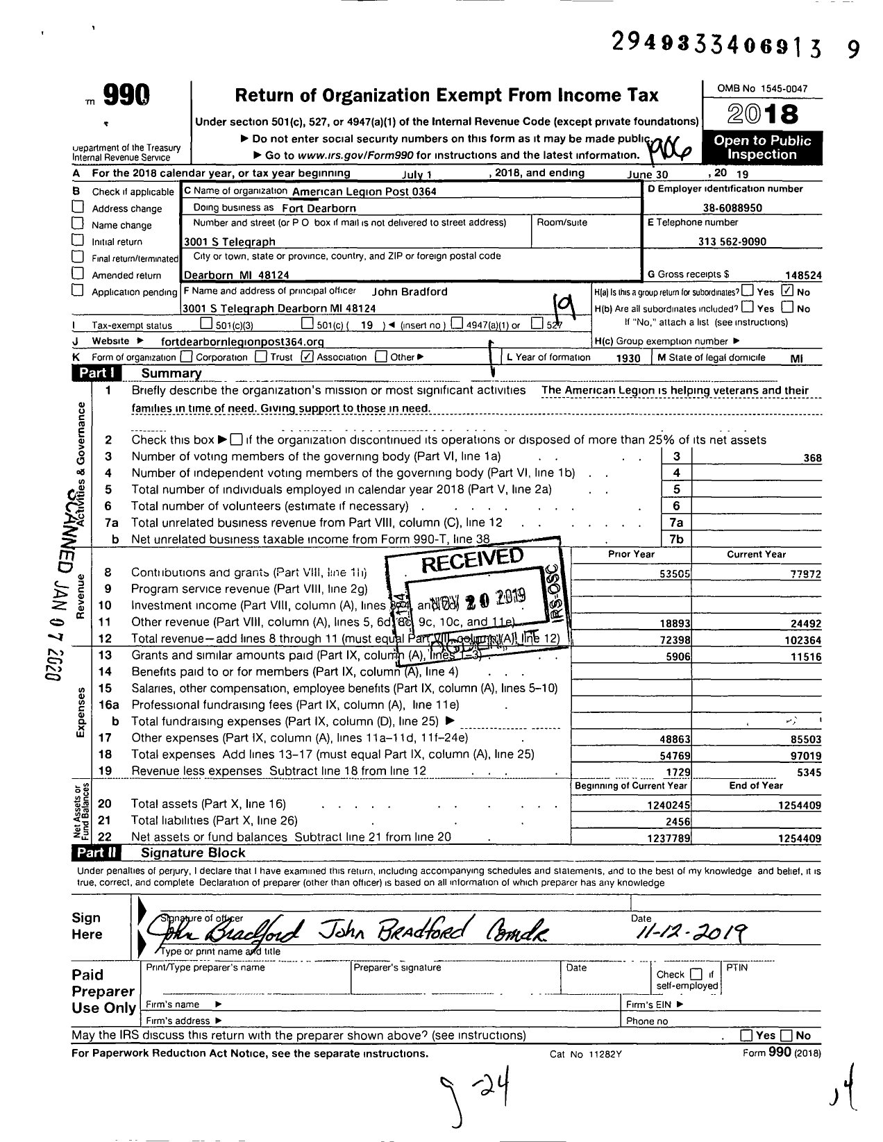 Image of first page of 2018 Form 990O for American Legion - 0364 Fort Dearborn