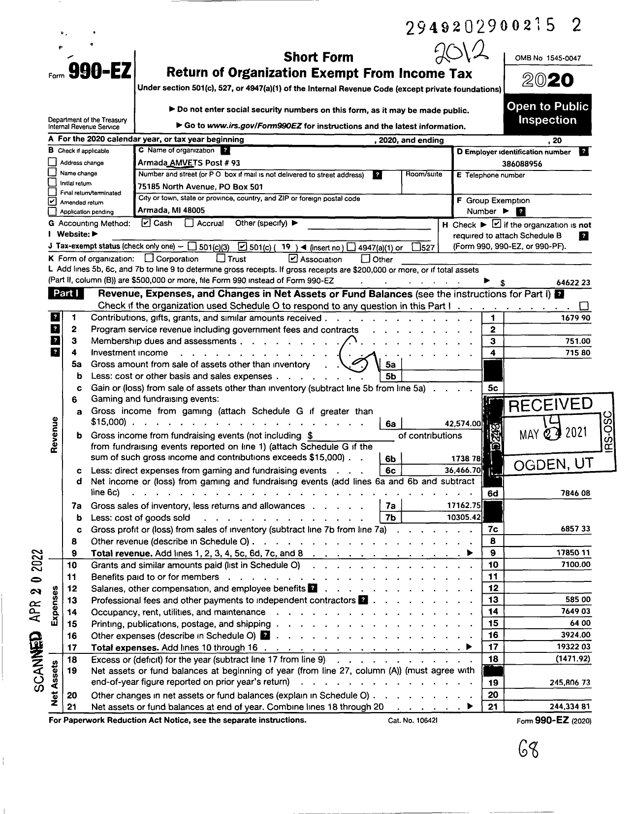 Image of first page of 2020 Form 990EO for Amvets - 0093 Mi