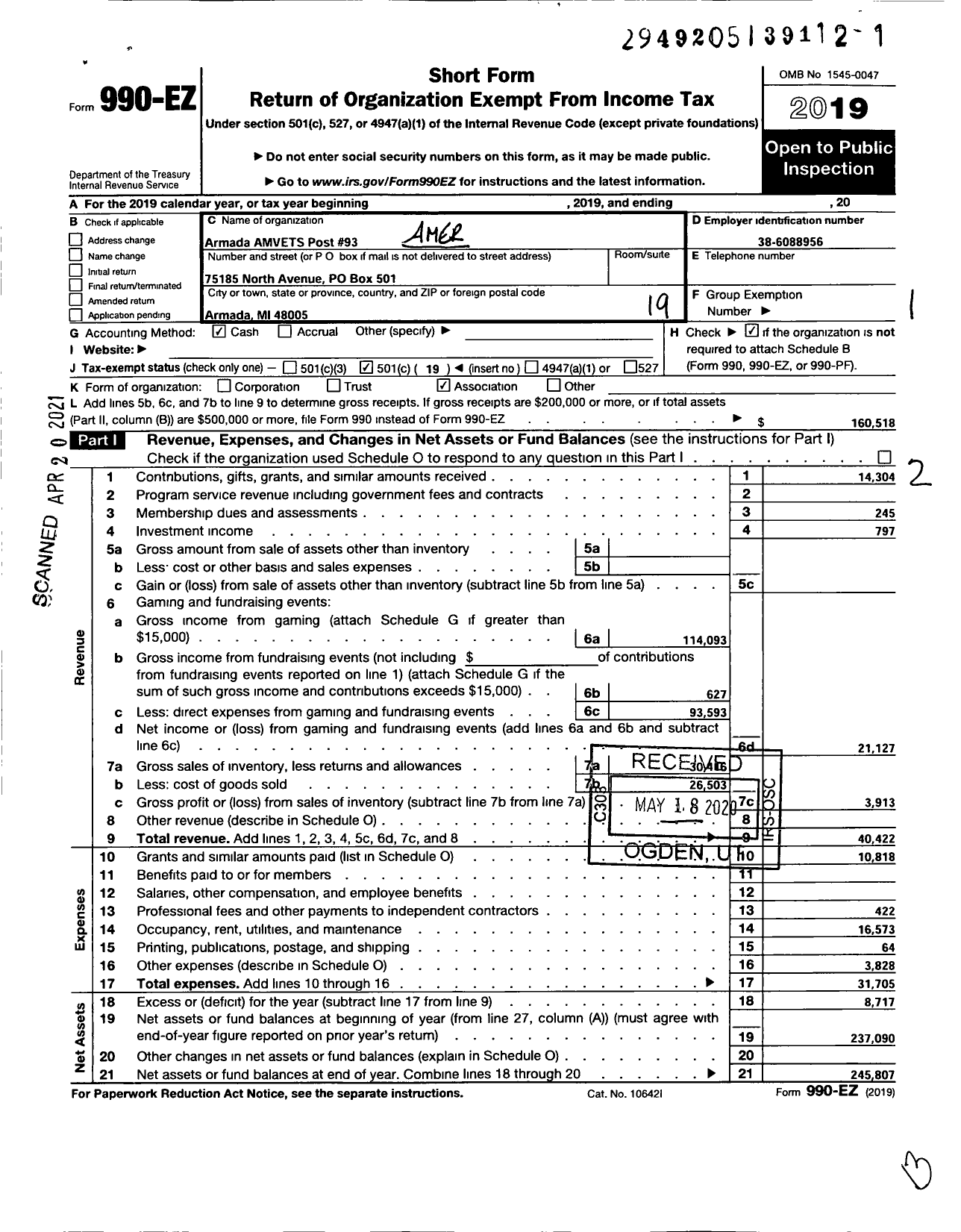 Image of first page of 2019 Form 990EO for Amvets - 0093 Mi