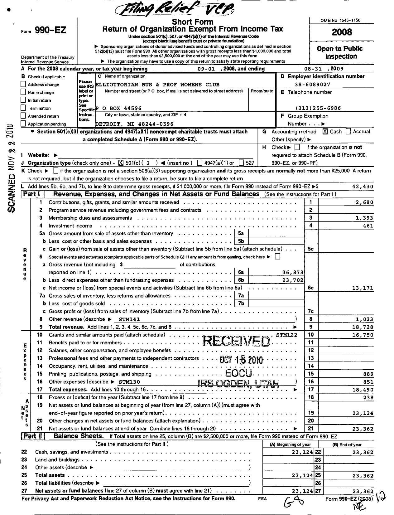 Image of first page of 2008 Form 990EZ for Elliottorian Business and Professional Womens Club