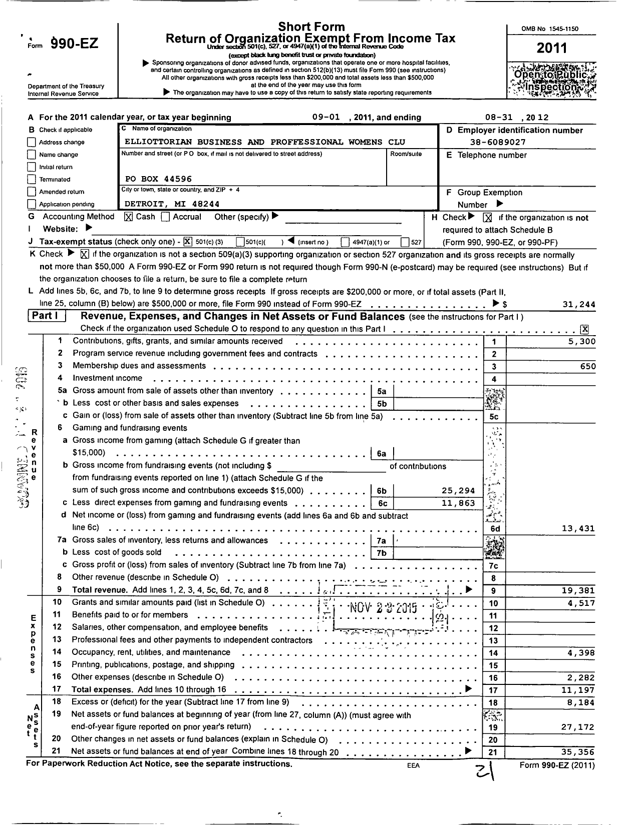 Image of first page of 2011 Form 990EZ for Elliottorian Business and Professional Womens Club