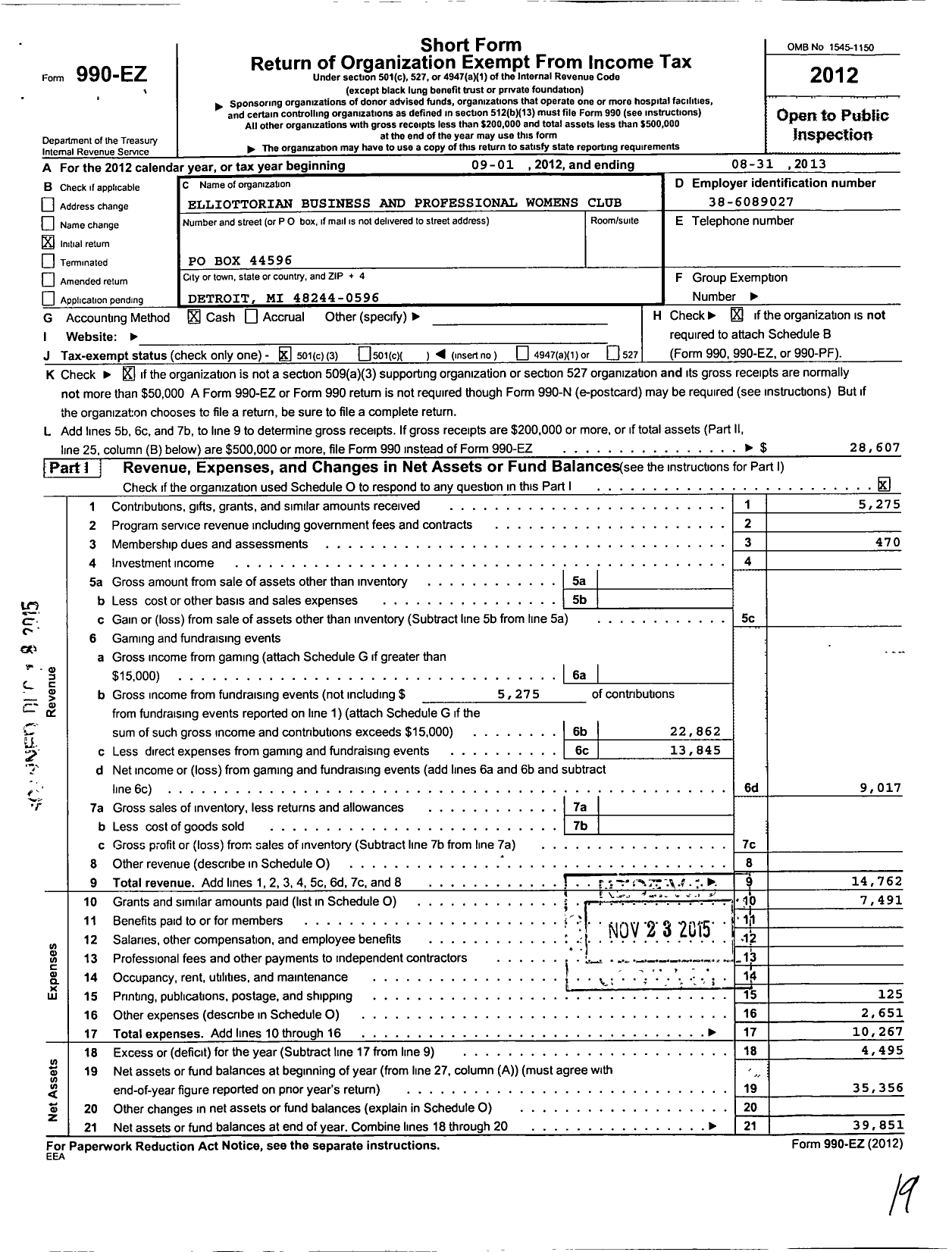 Image of first page of 2012 Form 990EZ for Elliottorian Business and Professional Womens Club