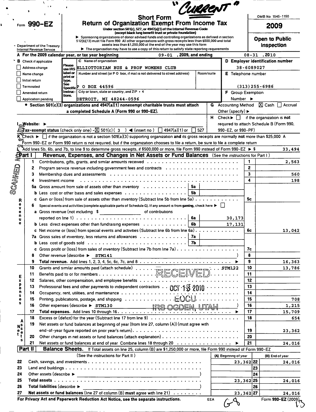 Image of first page of 2009 Form 990EZ for Elliottorian Business and Professional Womens Club