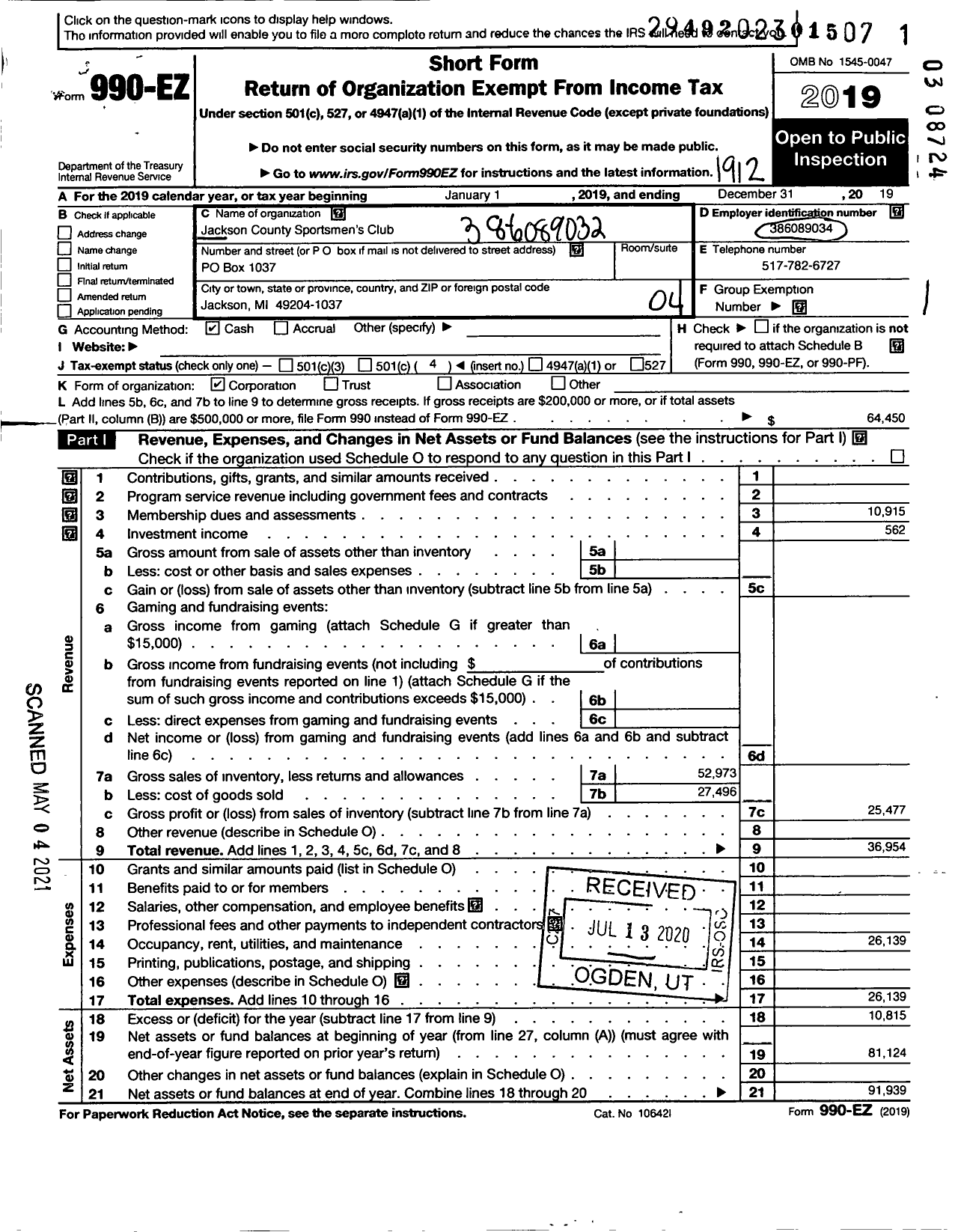 Image of first page of 2019 Form 990EO for Jackson County Sportmans Club