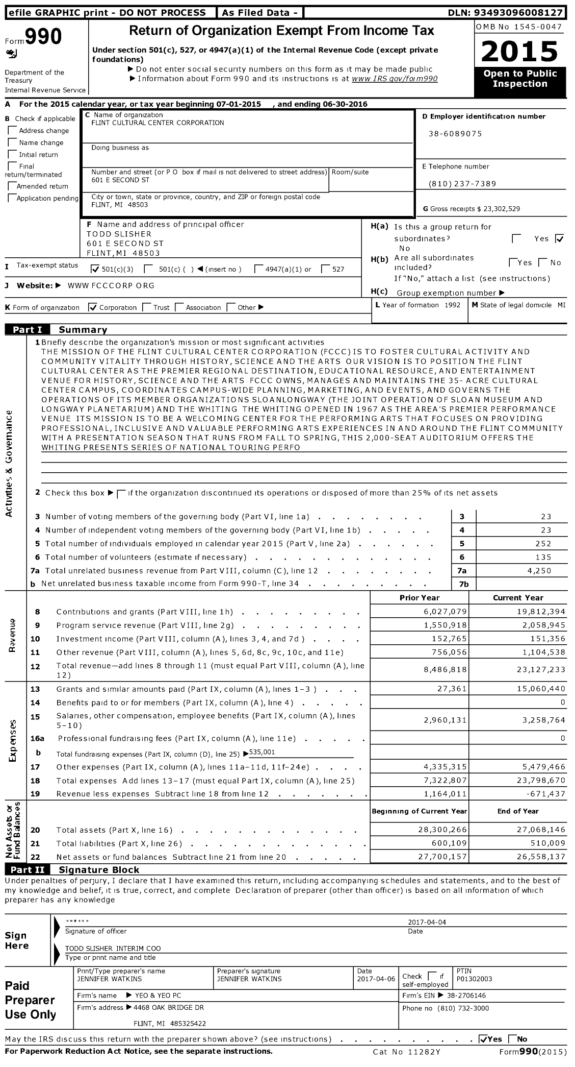 Image of first page of 2015 Form 990 for Flint Cultural Center Corporation