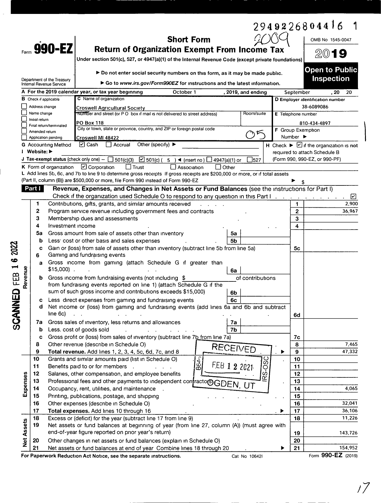 Image of first page of 2019 Form 990EO for Croswell Agricultural Society