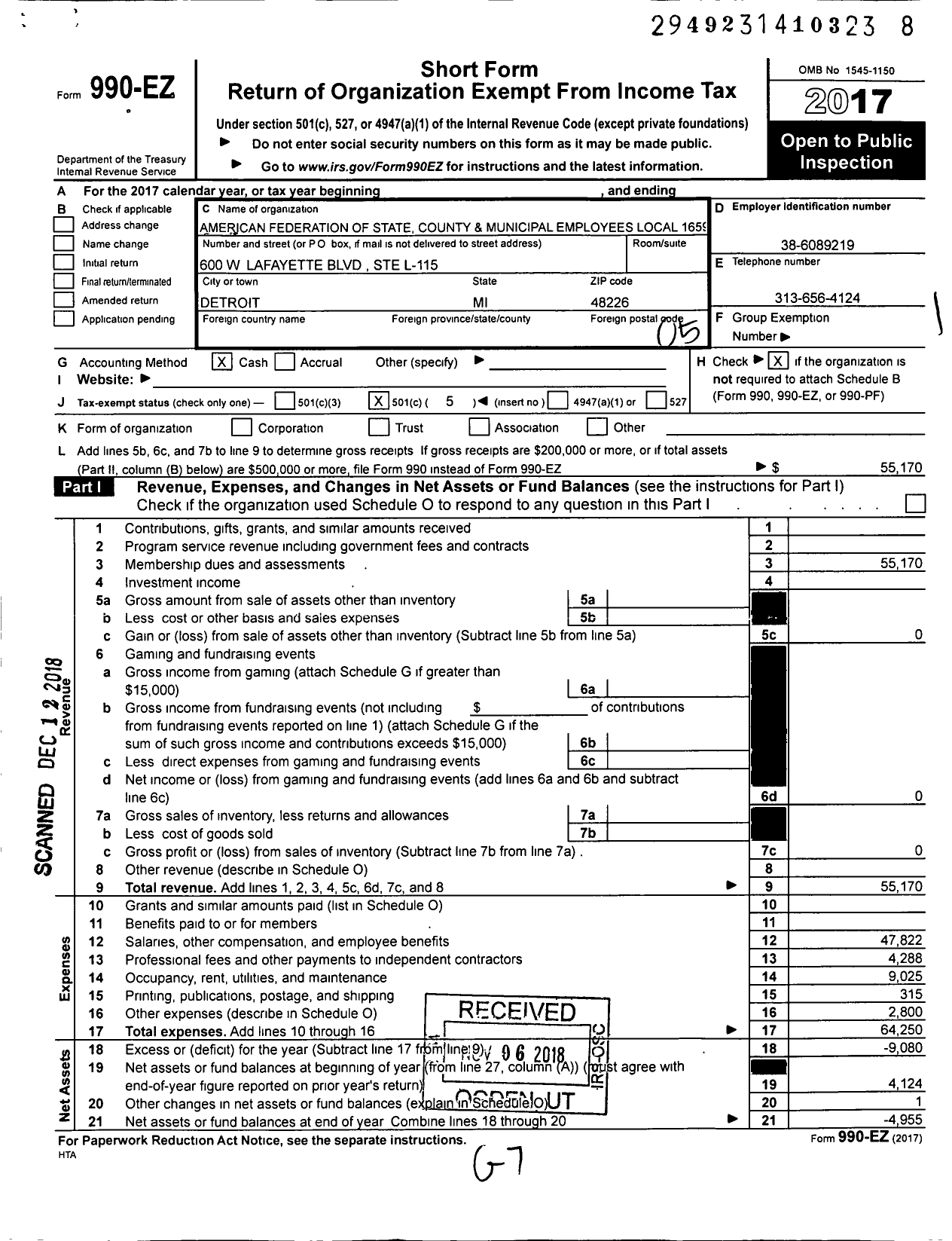 Image of first page of 2017 Form 990EO for American Federation of State County & Municipal Employees - L1659mi Wayne County Emp