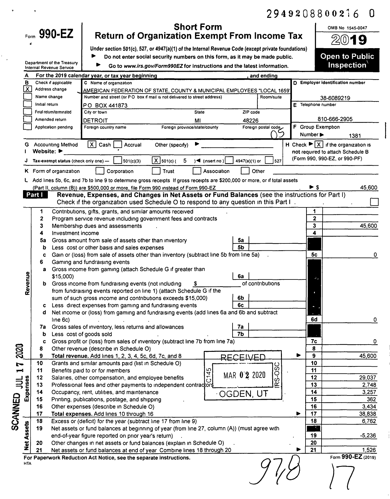 Image of first page of 2019 Form 990EO for American Federation of State County & Municipal Employees - L1659mi Wayne County Emp