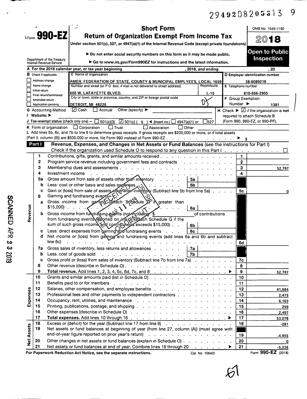 Image of first page of 2018 Form 990EO for American Federation of State County & Municipal Employees - L1659mi Wayne County Emp