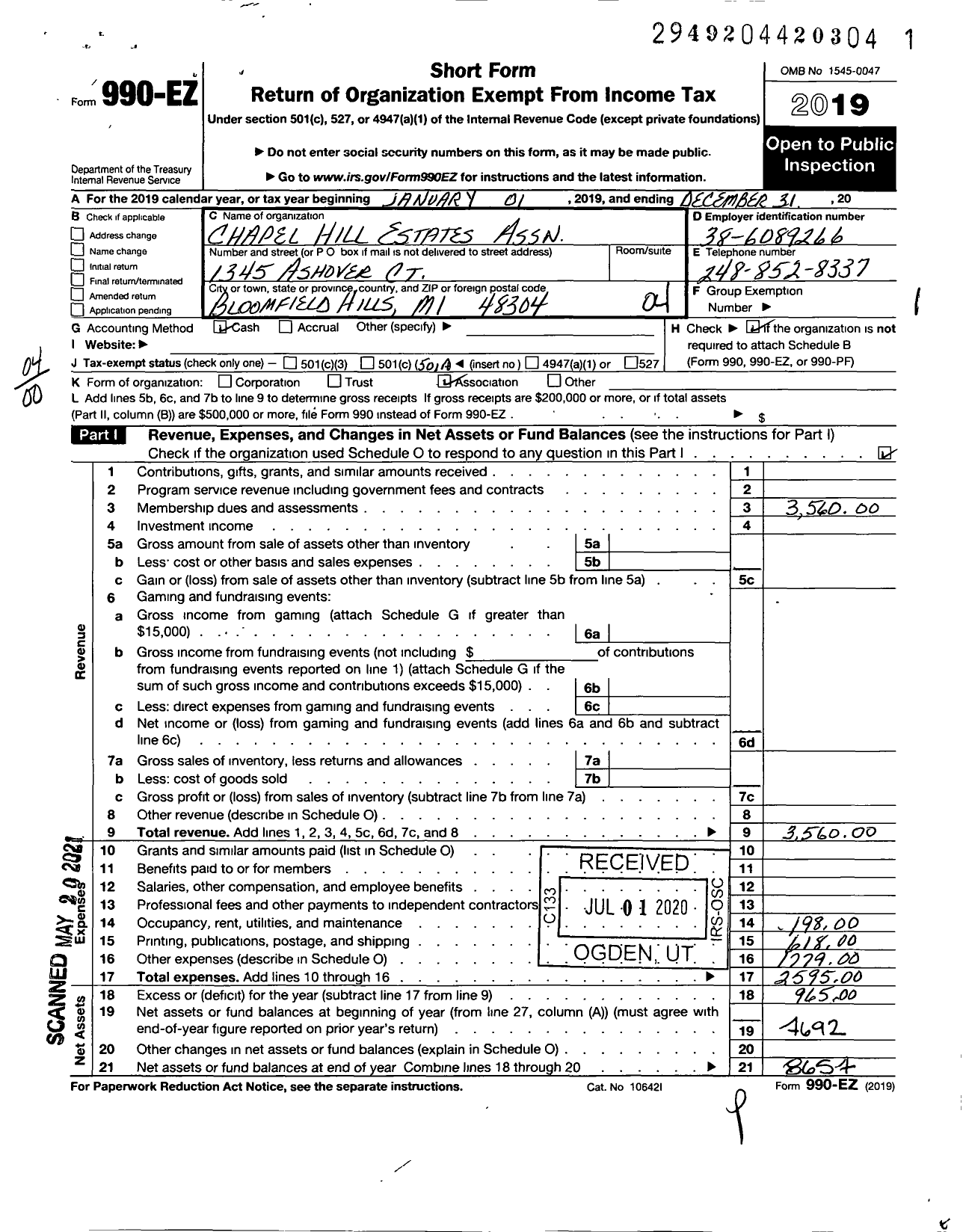 Image of first page of 2019 Form 990EO for Chapel Hill Estates Association