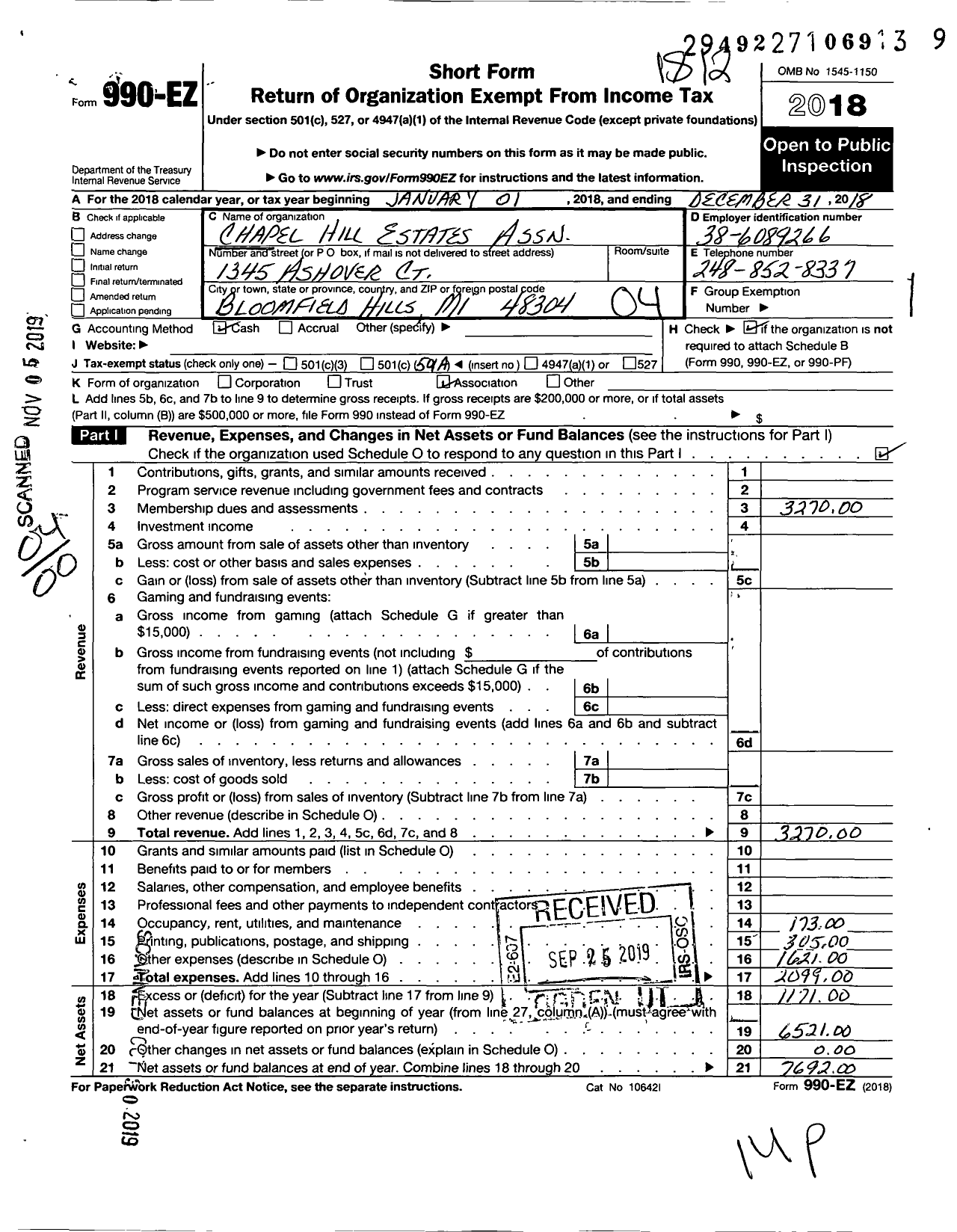 Image of first page of 2018 Form 990EO for Chapel Hill Estates Association