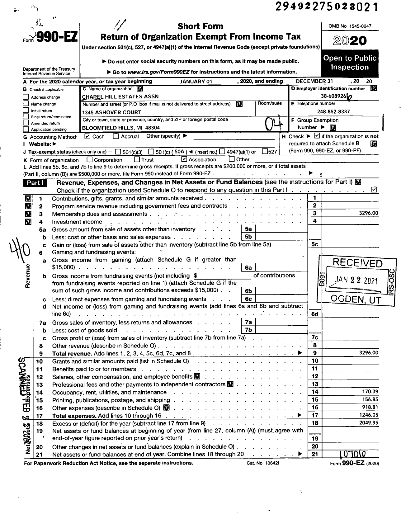 Image of first page of 2020 Form 990EO for Chapel Hill Estates Association