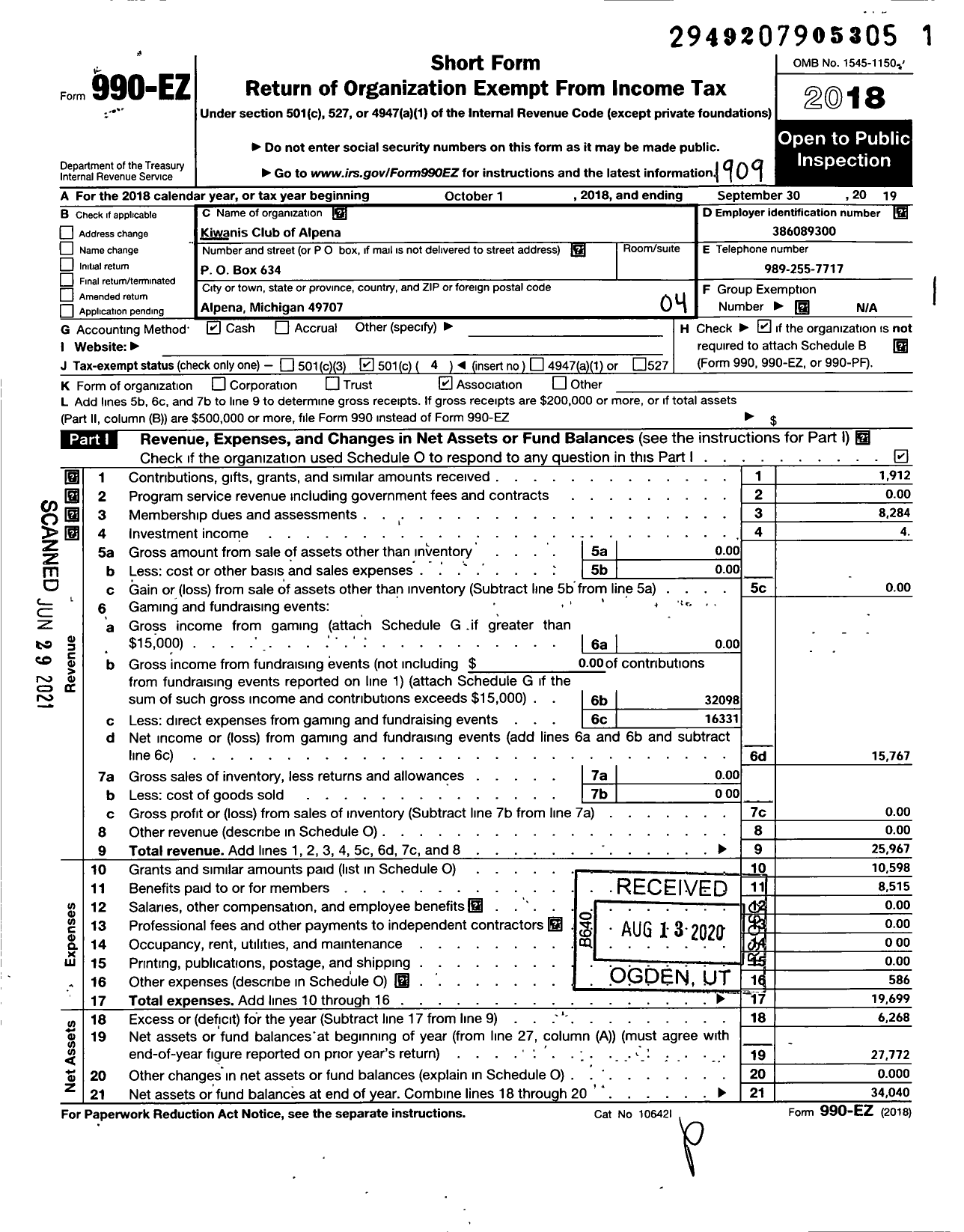 Image of first page of 2018 Form 990EO for Kiwanis International