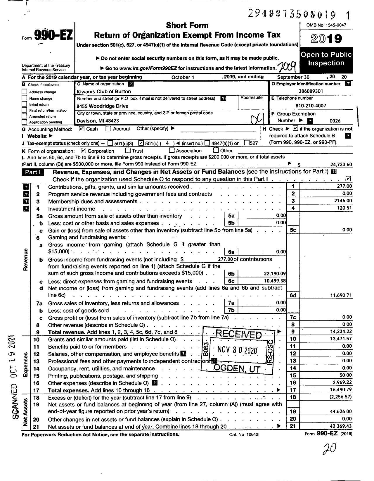 Image of first page of 2019 Form 990EO for Kiwanis INTERNATIONAL - K05319 Burton