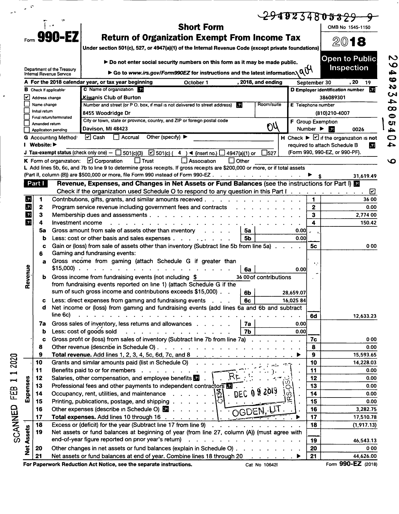 Image of first page of 2018 Form 990EO for Kiwanis INTERNATIONAL - K05319 Burton