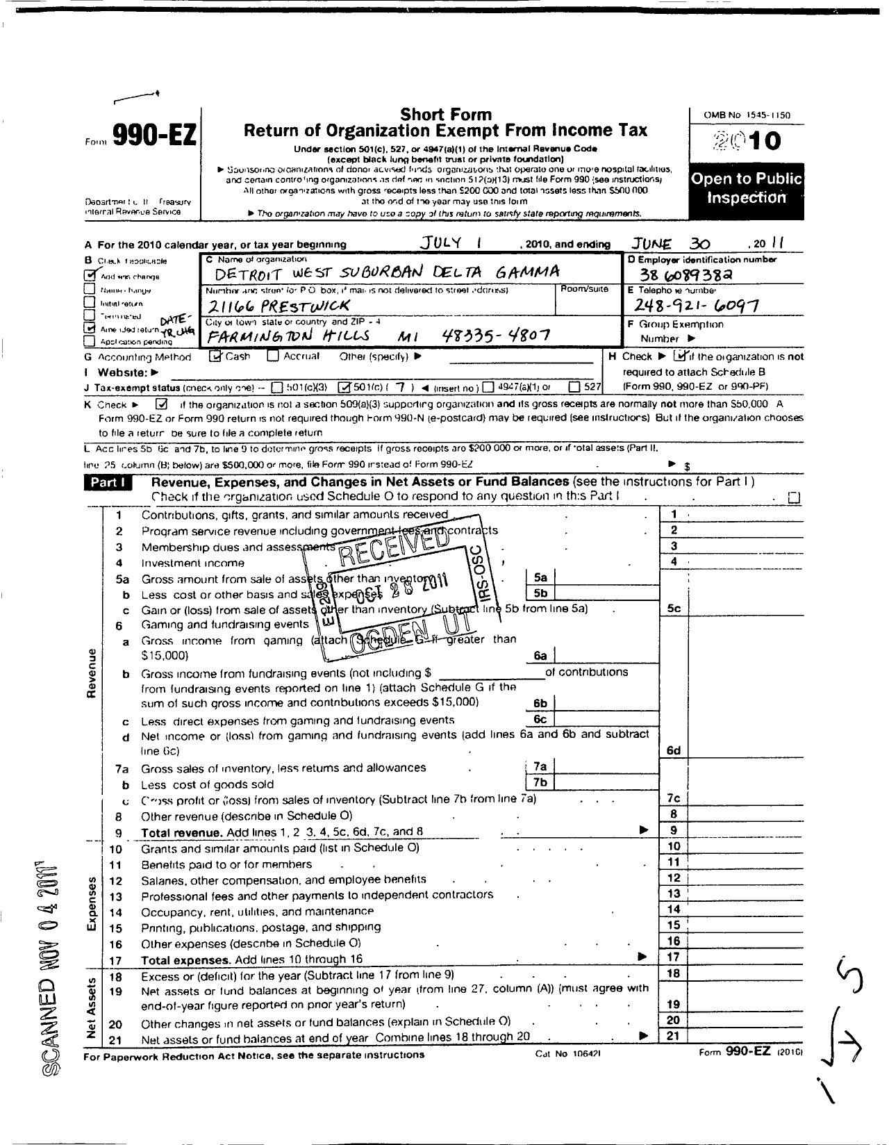 Image of first page of 2010 Form 990EO for Delta Gamma Fraternity / Detroit West Suburban Alumnae Chap